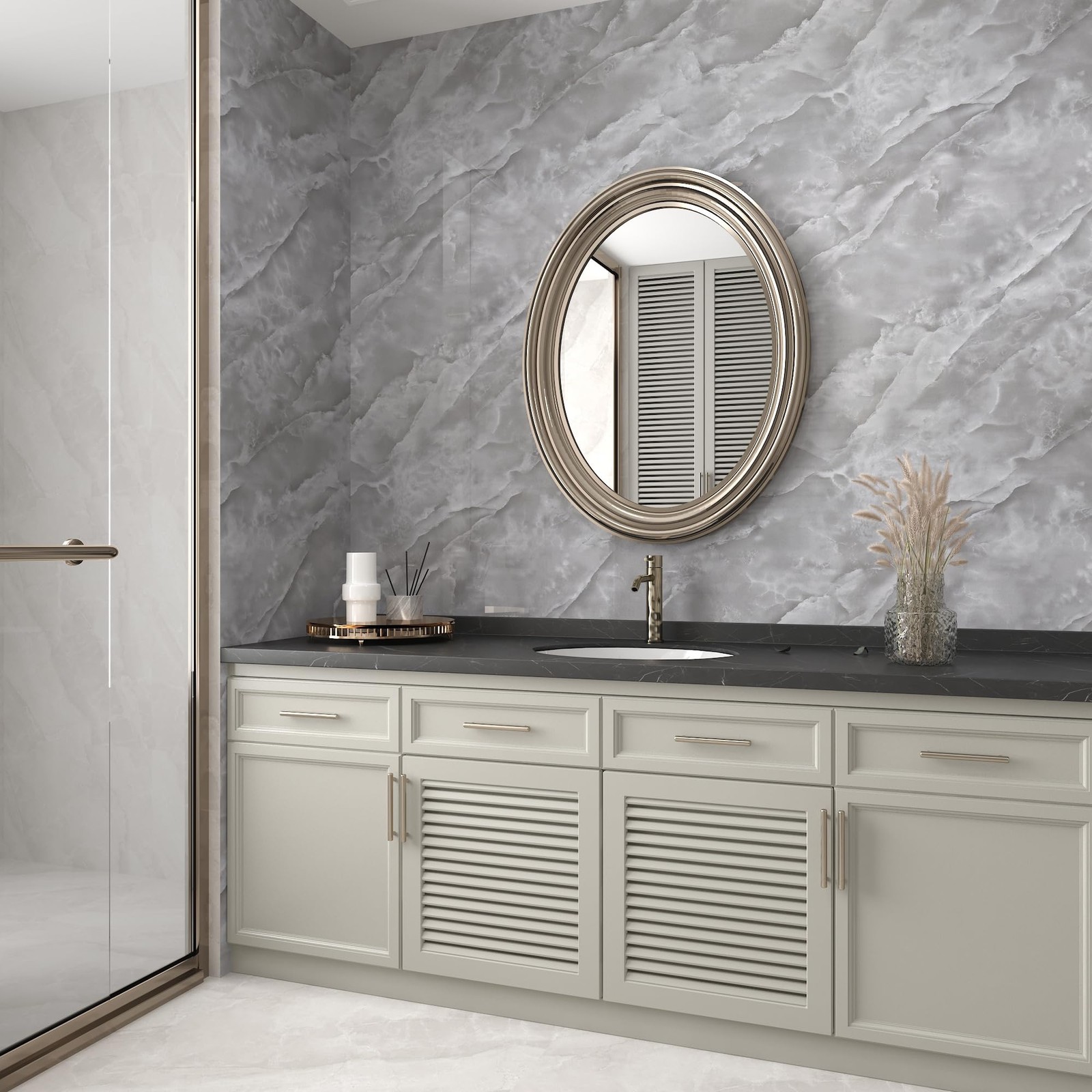 16"×354" Glossy Grey White Marble Wallpaper Peel and Stick Thick Gray White M…