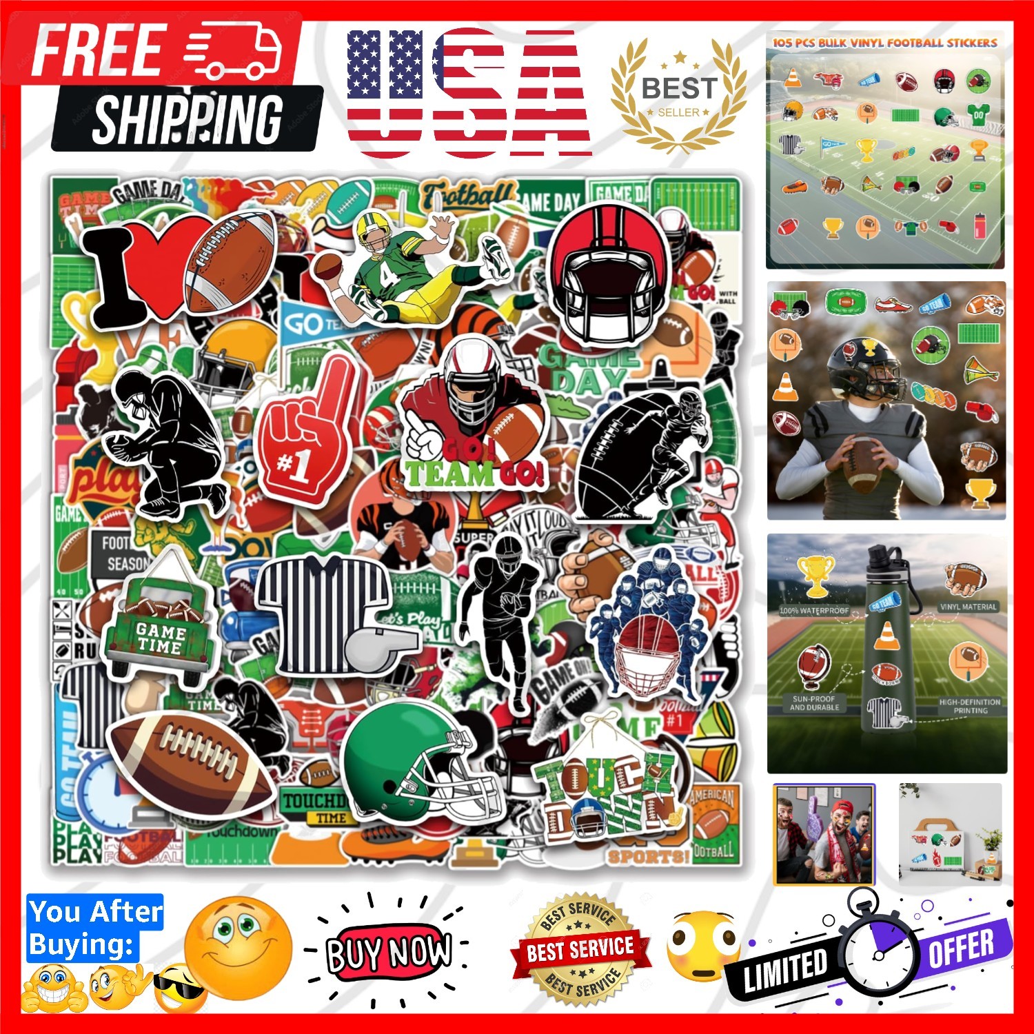 105 PCS Football Stickers Water Bottle Bulk Vinyl American Stickers for Lapto…