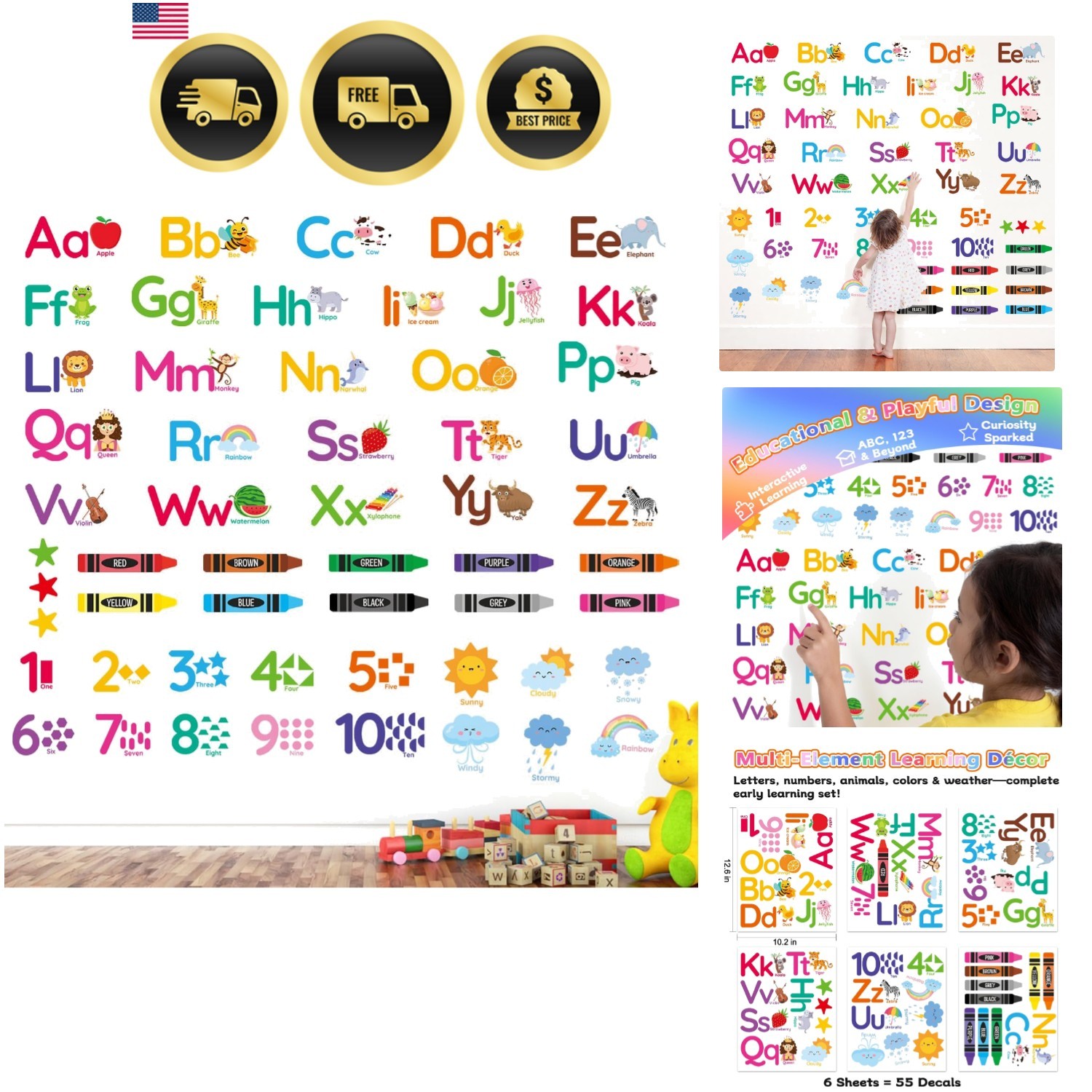 Educational Wall Decals for Kids Animal Alphabet Numbers Colors Classroom Decor