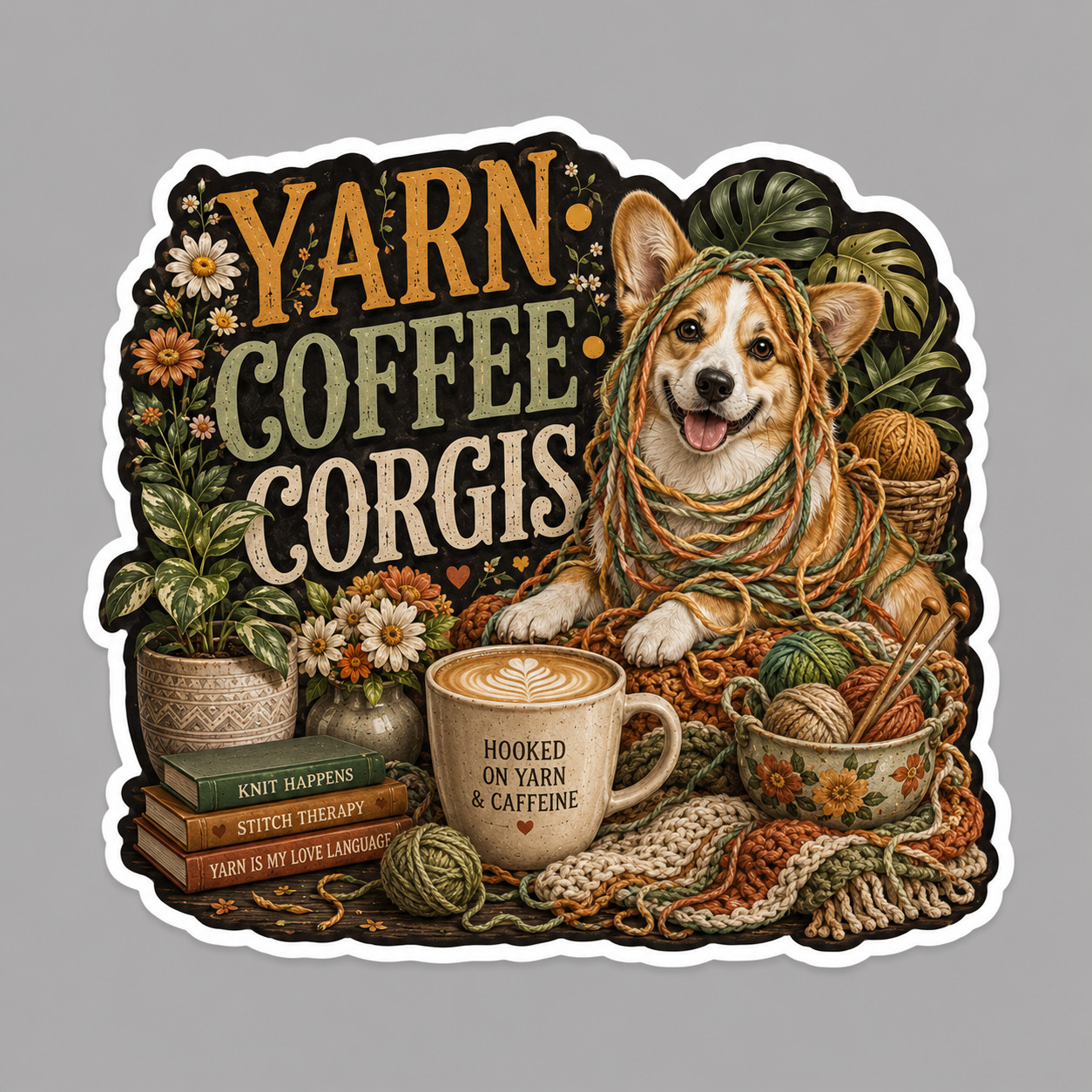 Corgi Sticker Vinyl Decal Yarn Coffee Corgis Knitting Crochet Dog Lover Gift