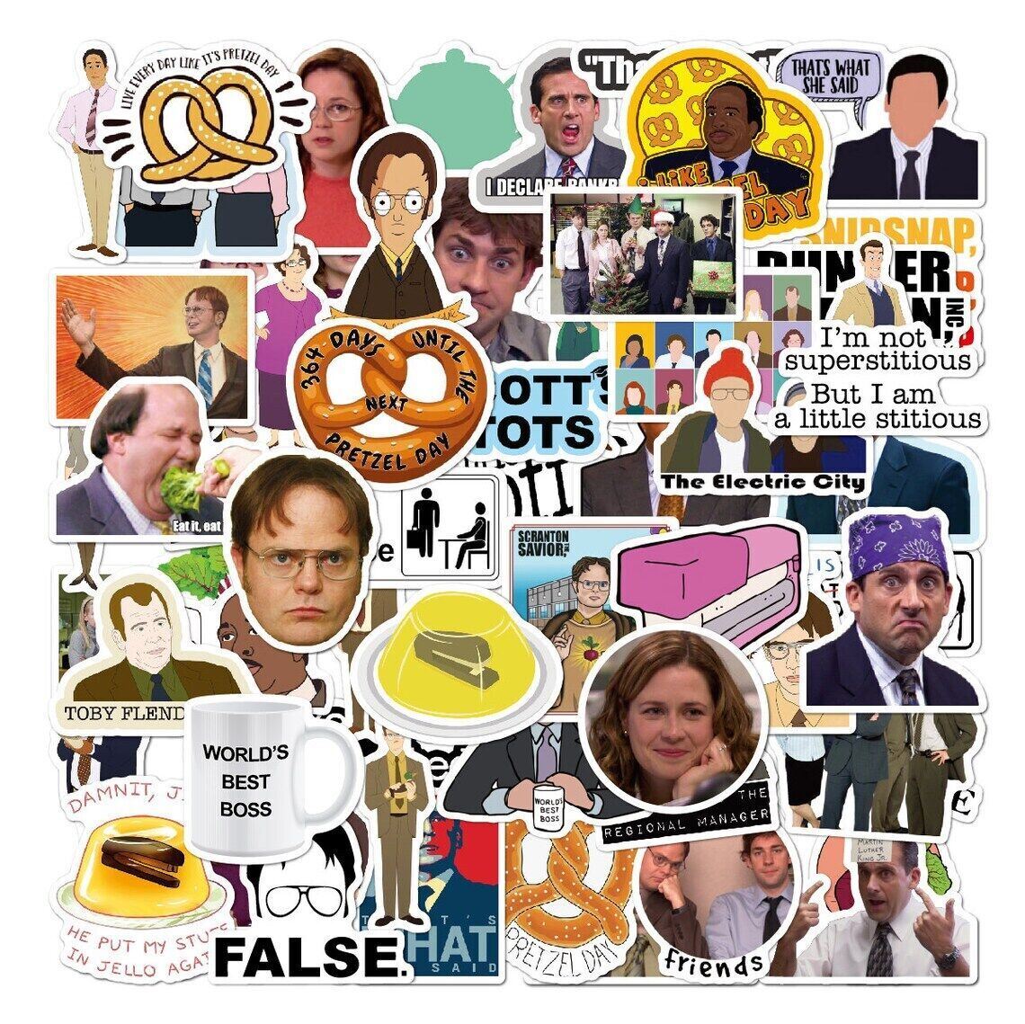 THE OFFICE Vinyl Stickers [F] FALSE Pretzel Day STAPLER JELLO Scott's Totts +