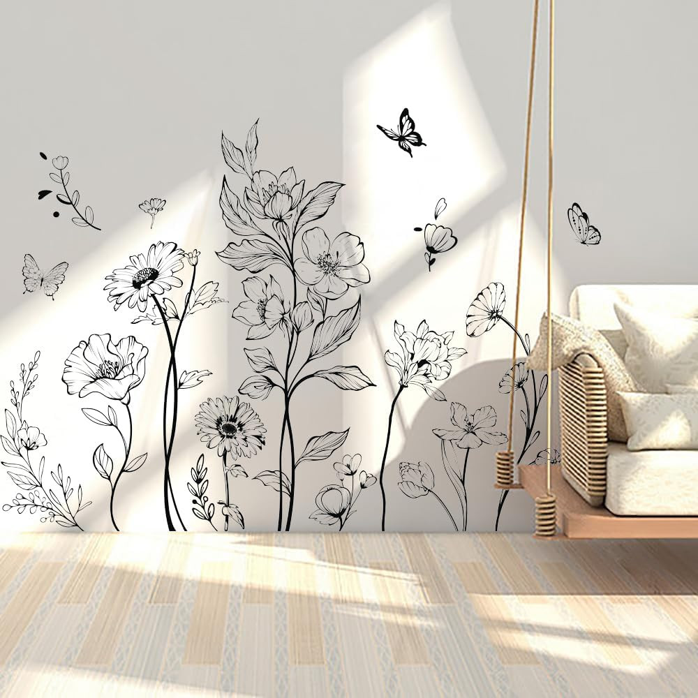 Boho Black Flower Wall Decals Simple Wildflower Floral Wall Stickers for Girls B