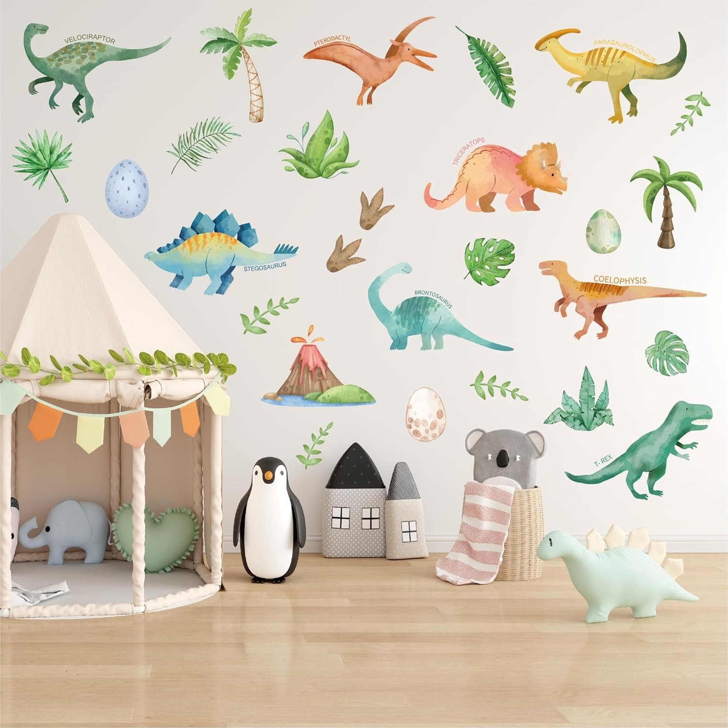 Reusable Watercolor Dinosaur Decals for Kids' Bedrooms, Nurseries & Classrooms