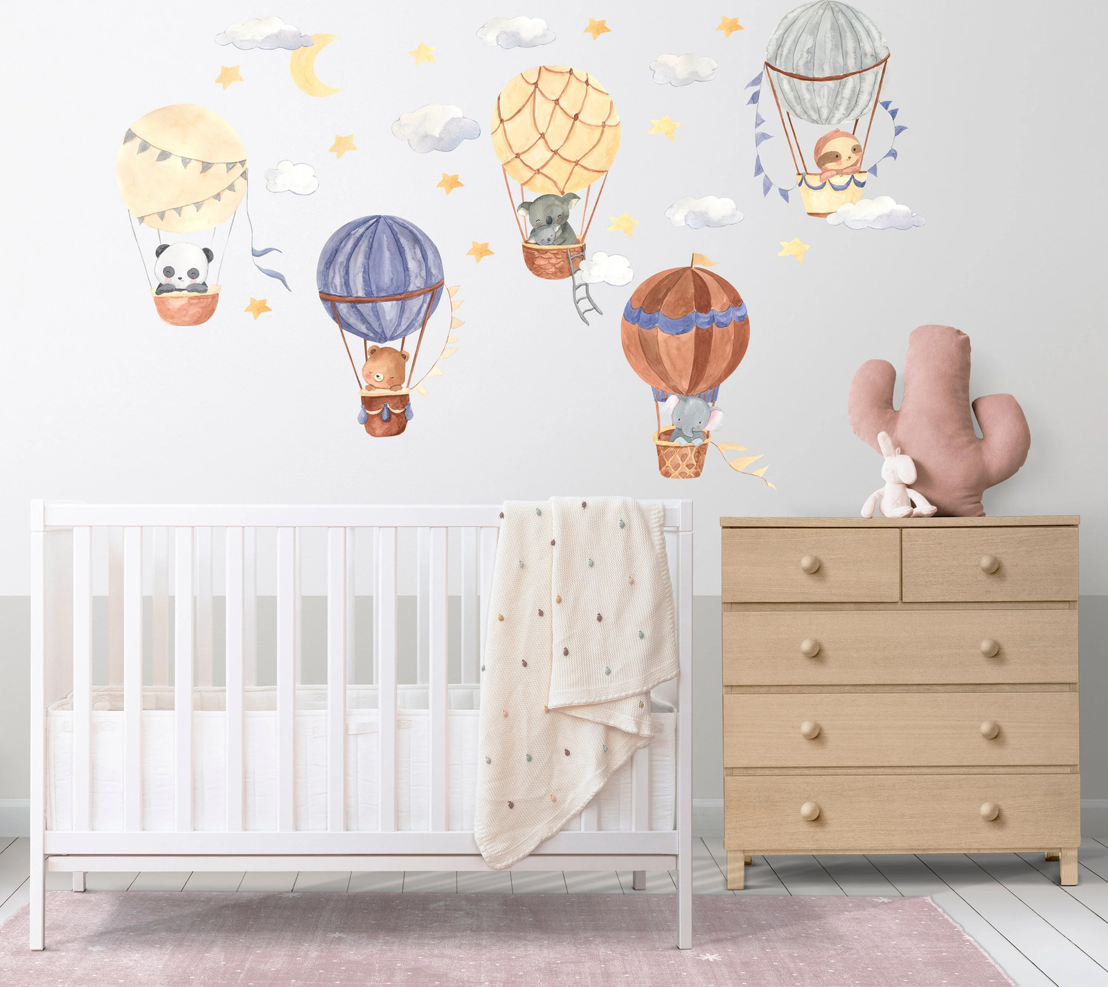 Hot Air Balloon Wall Stickers – Animals Clouds Nursery Decor Decal – Baby Kids