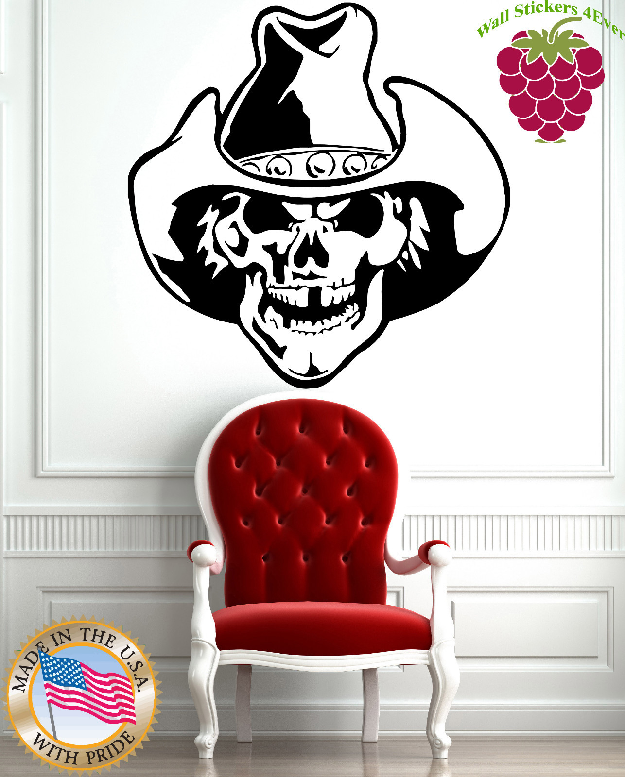 Vinyl Sticker Wall Art Decor Scary Smiling Scull Mexican Cowboy EM050