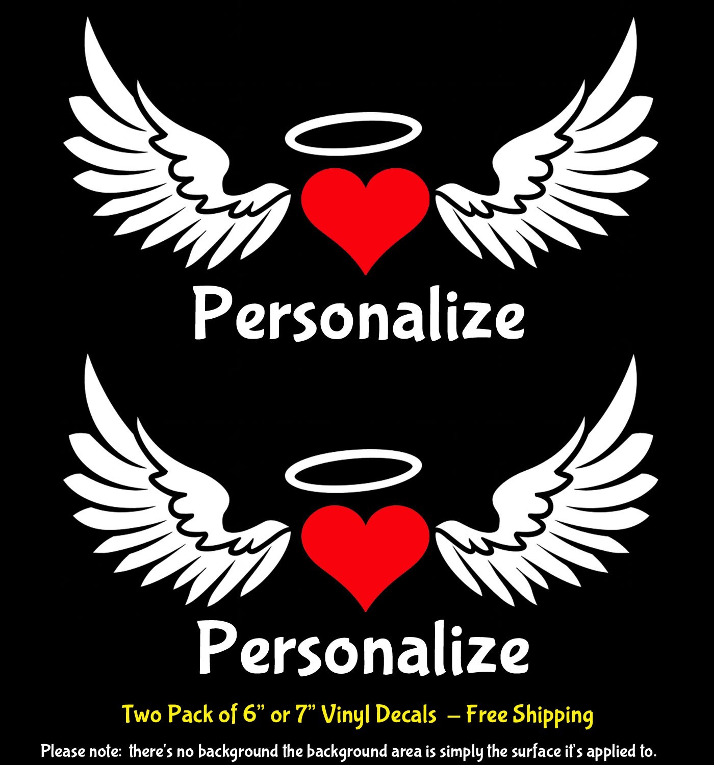 Angel Wings Heart Halo – Personalize Two 7" White Vinyl Decals Car Truck Window