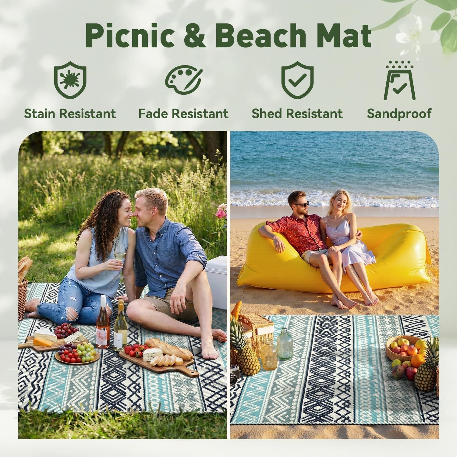 Waterproof Outdoor Rug 5×8 – Reversible Camping Mat, Picnic Beach Carpet, Boho D