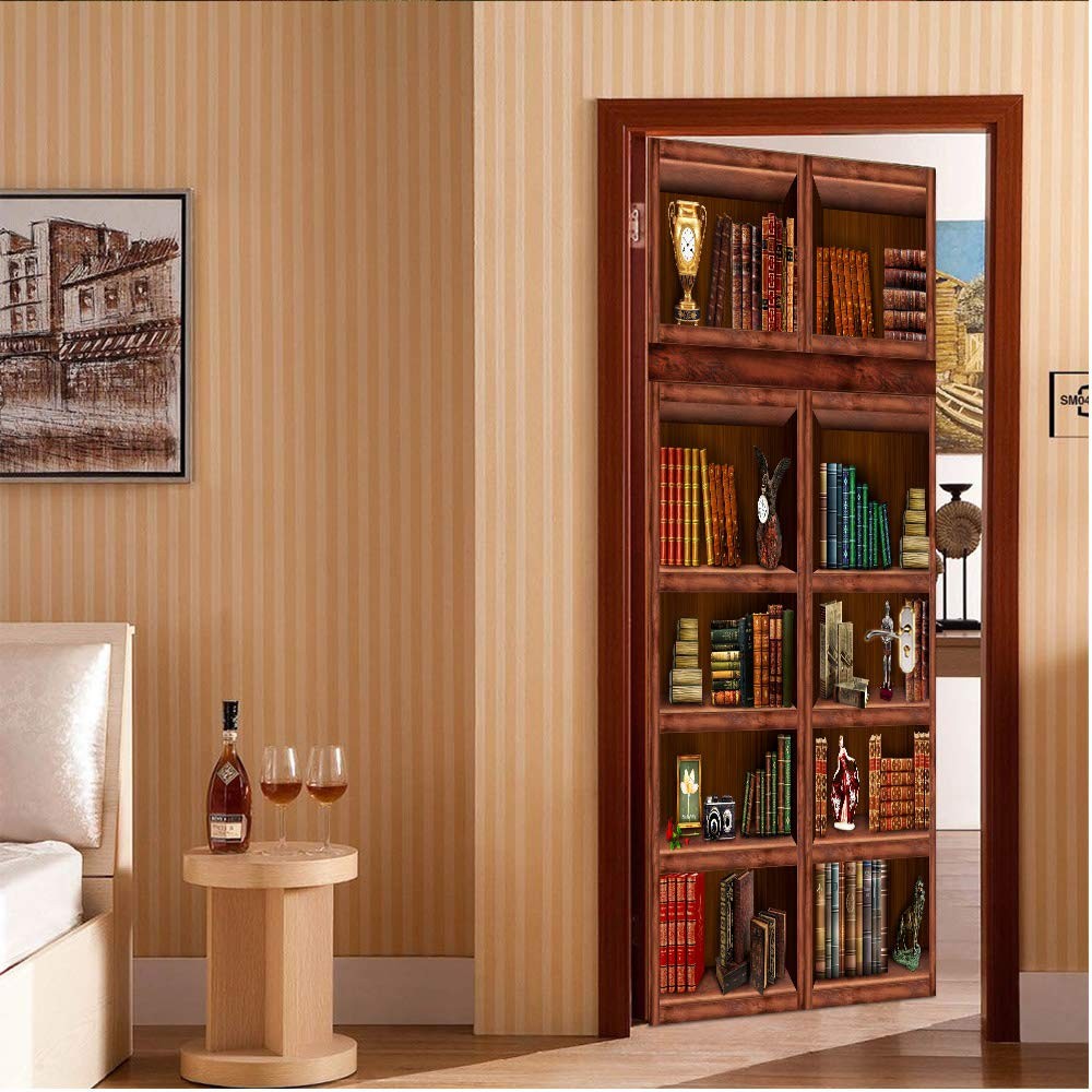3D Book Shelf Door Mural Wallpaper Stickers -Adhesive Decor Removable for Hom…