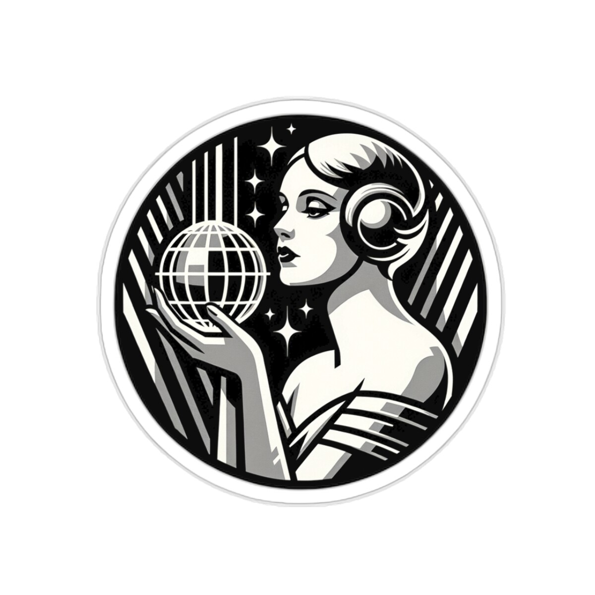 Sticker Art Deco Crystal Globe Woman 2×2" 3×3" 4×4" 6×6" Classy Retro Elegant