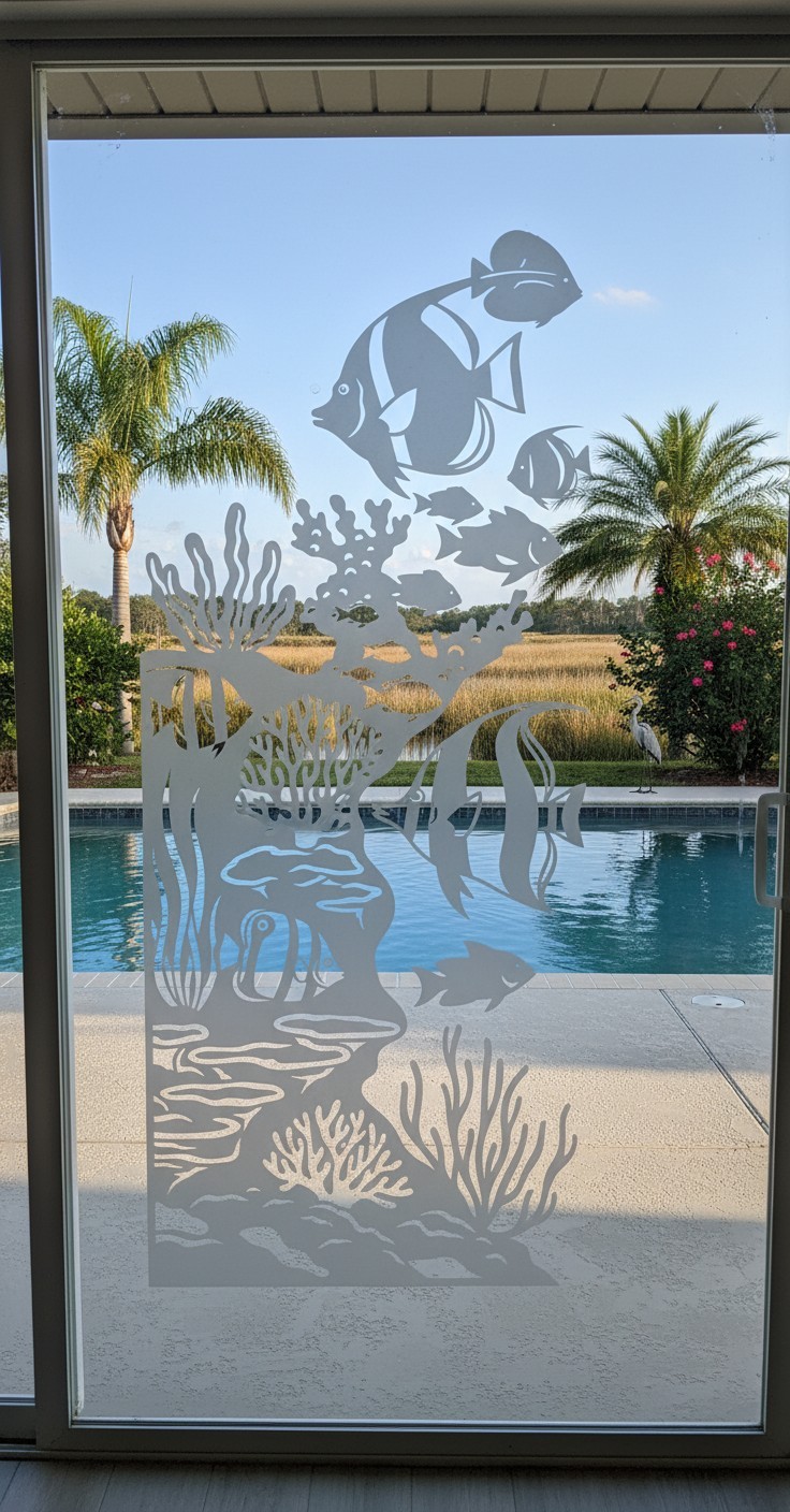 Reef Coral Toprical Fish Large Etched Glass Look Decal Shower Door Windows