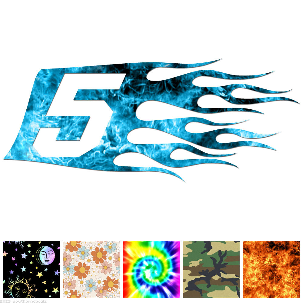 Flames Number 5 Five – Decal Sticker – Multiple Patterns & Sizes – ebn7334