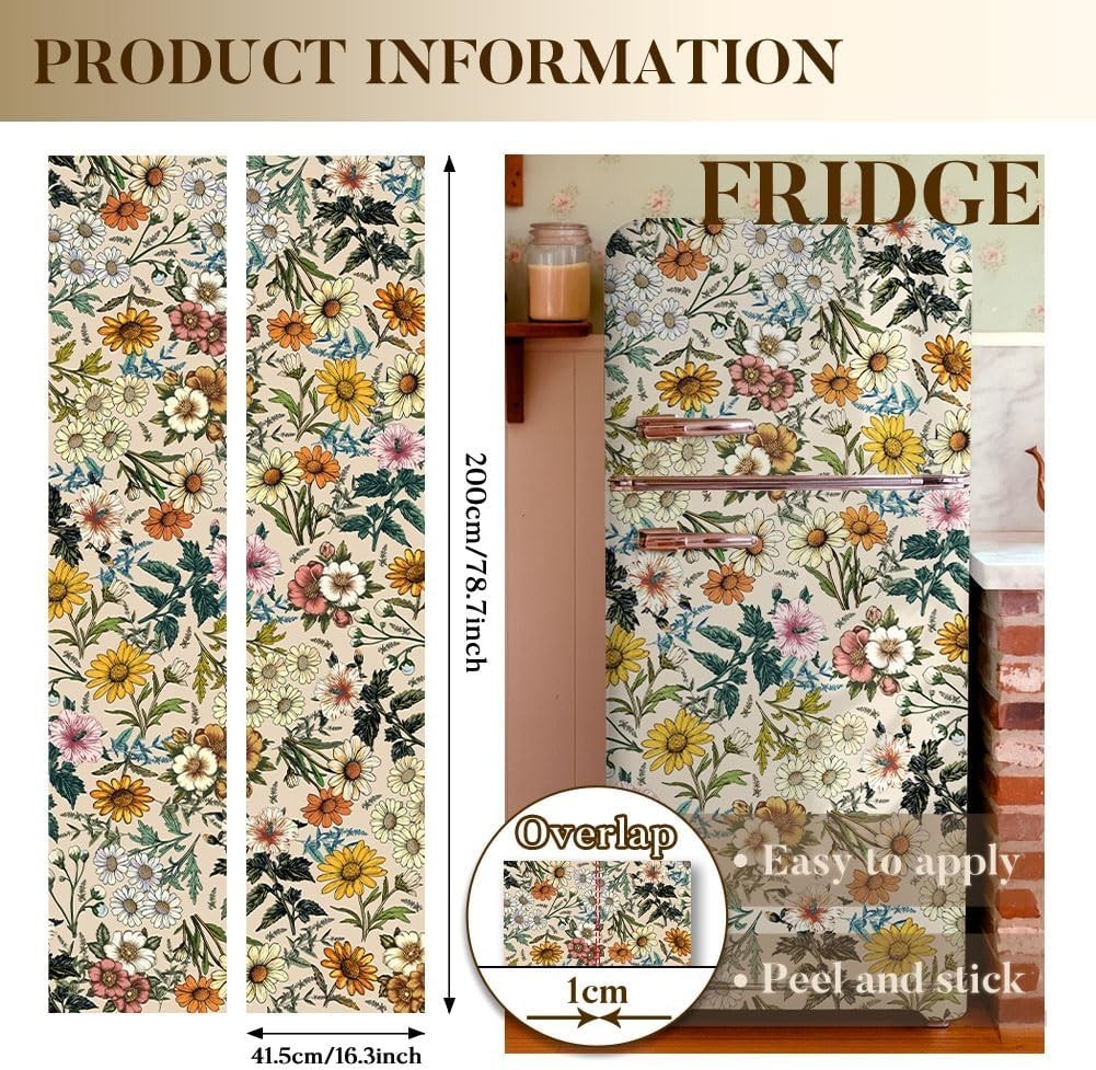 2 Pcs Retro Flower Removable Refrigerator Wraps, Self-Adhesive Fridge Sticker…