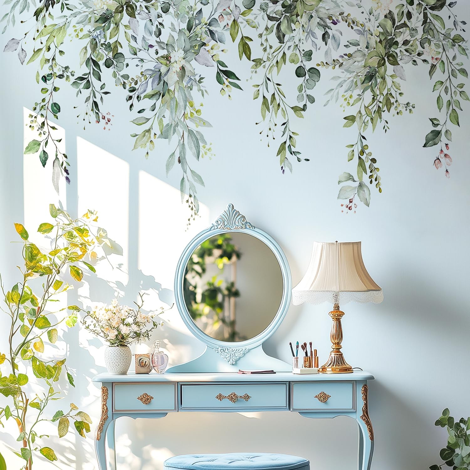 Green Plants Leaves Wall Decals Peel and Stick Large Floral Flowers Wall Sticker