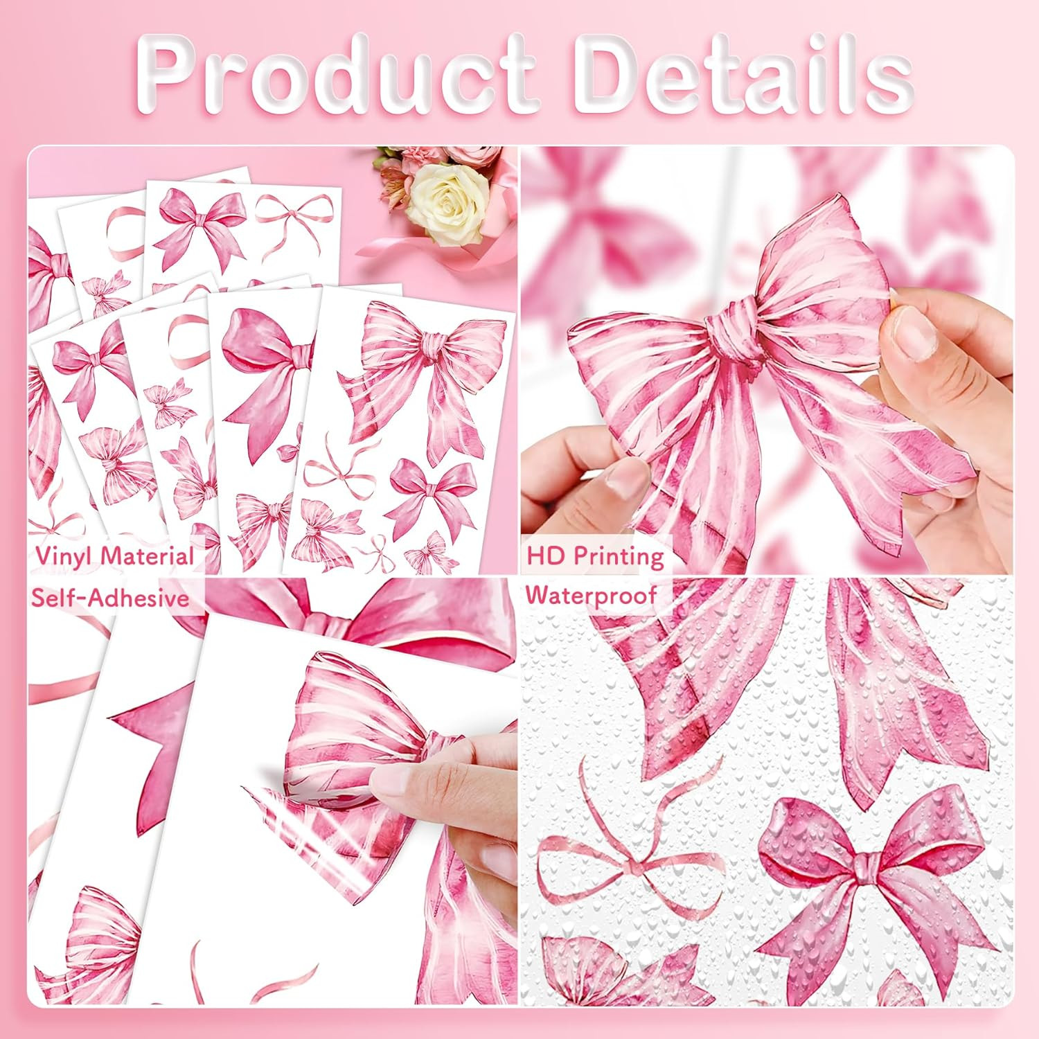 Pink Bow Wall Stickers, 8 Sheets 46 Pcs | Bow Knot Wall Decals Watercolor Bow Wa