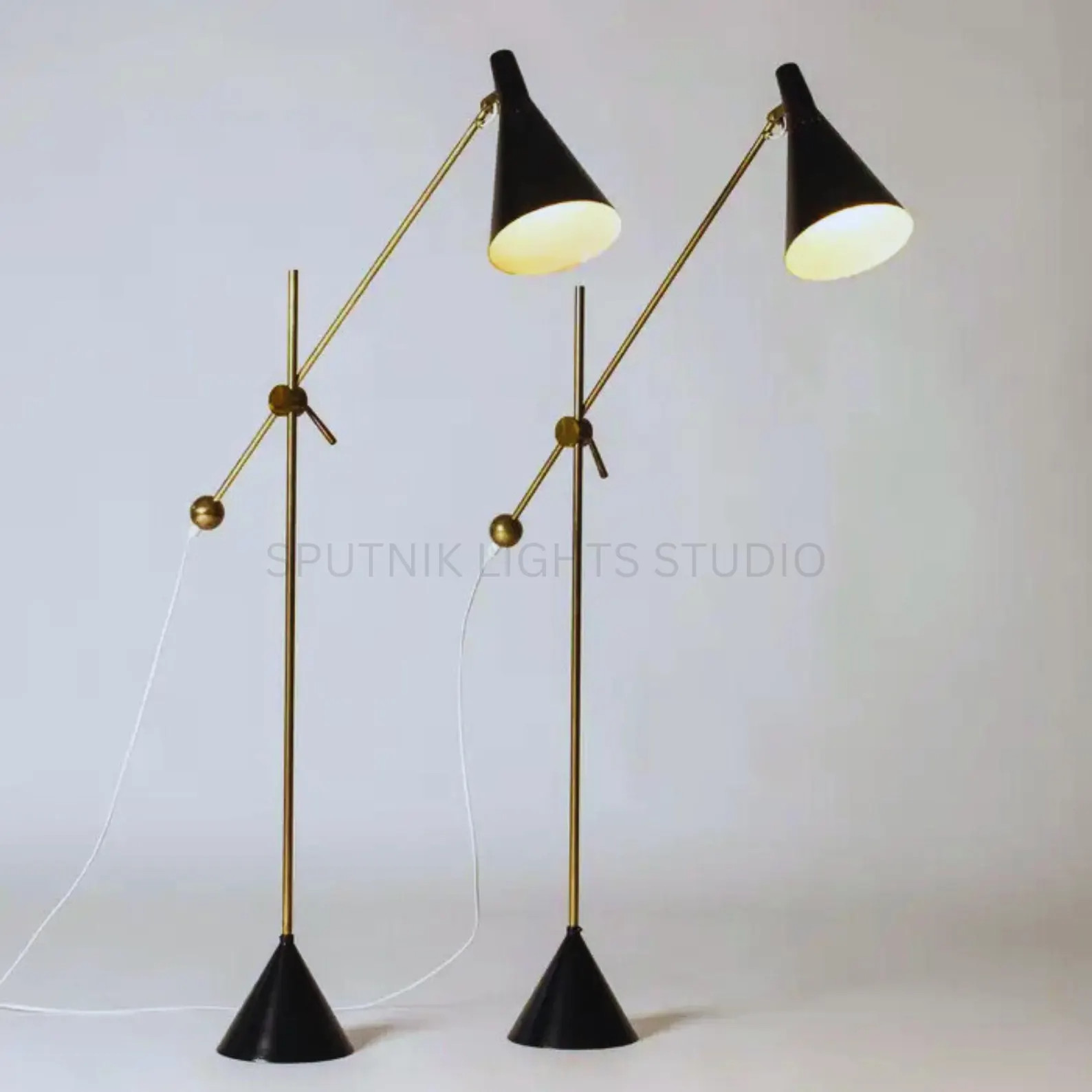 Handcrafted Mid-Century Brass Floor Lamp | Adjustable Black Cone Shade, Minimali