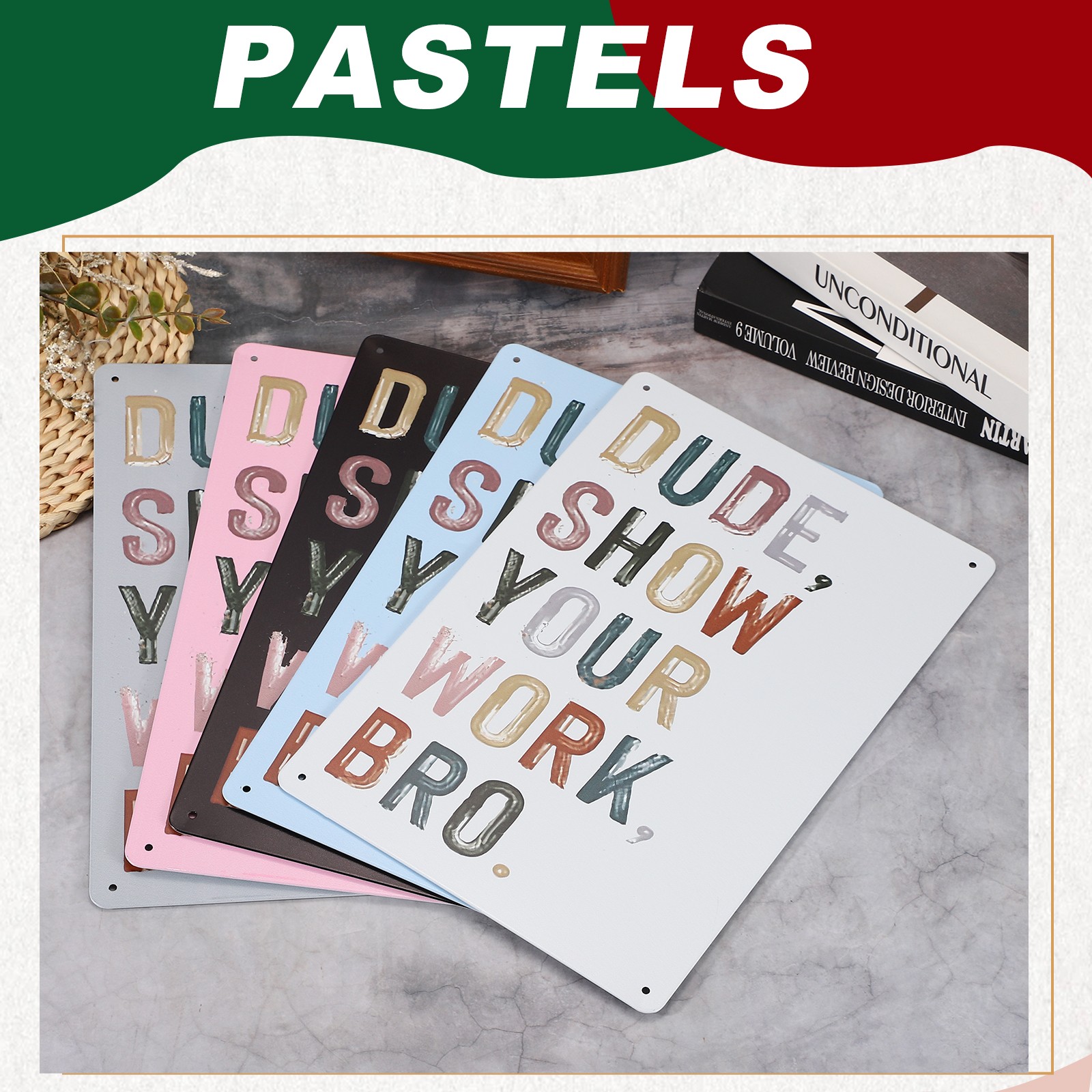 Tinplate Plaque, 11.8 x 7.8" Pastels Style, White