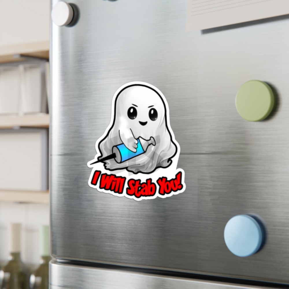 Ghost w Vaccine Shot – I Will Stab You – Funny Sticker Laptop Decals – Set of 2