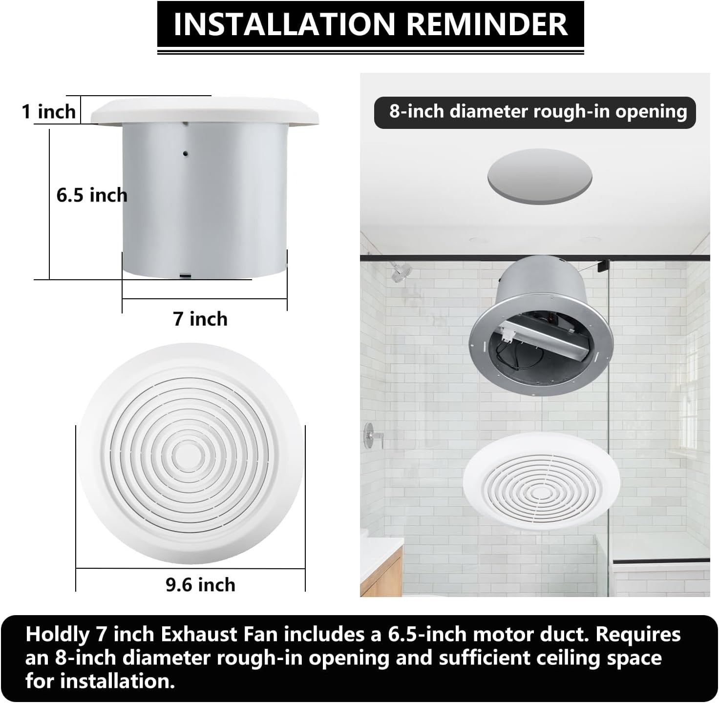 V2262-50 7 Inch Bathroom Exhaust Fan, 50 CFM, 1.0 Sones, 7" Ceiling Exhaust Fan,