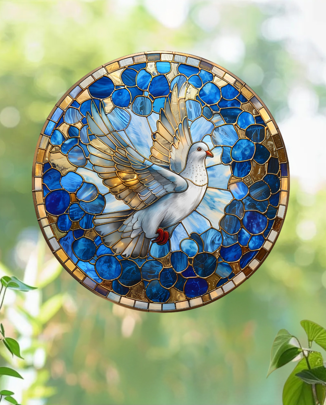 Holy Spirit Peace Dove Faux Stained-Glass WINDOW CLING Size 8" Round Vinyl