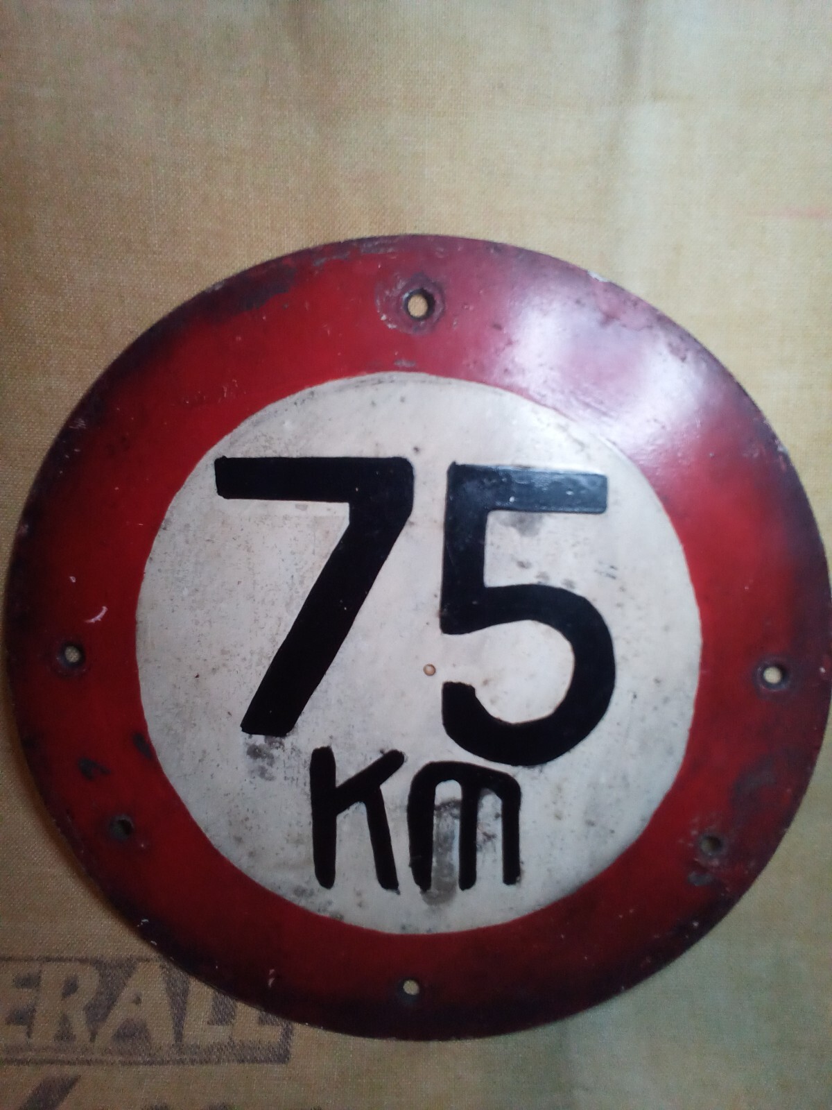 Antique 75 km/h Sign Autobahn German Speed Limit Europe Red, black and white.