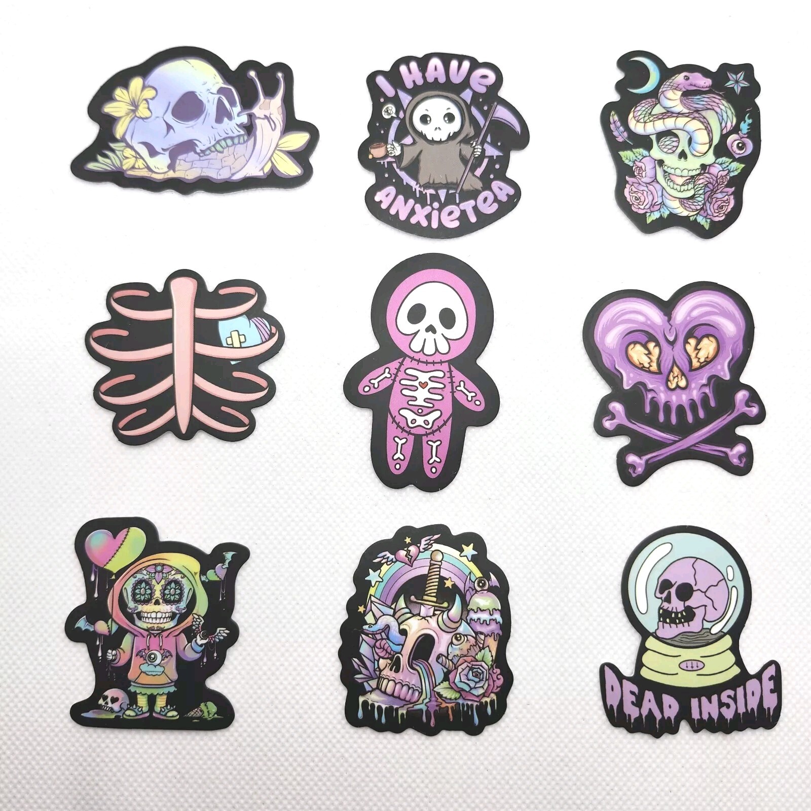 Lot Of 9 Morbid Goth Creepy Cute Dark Pastel Vinyl Waterproof Stickers Skulls