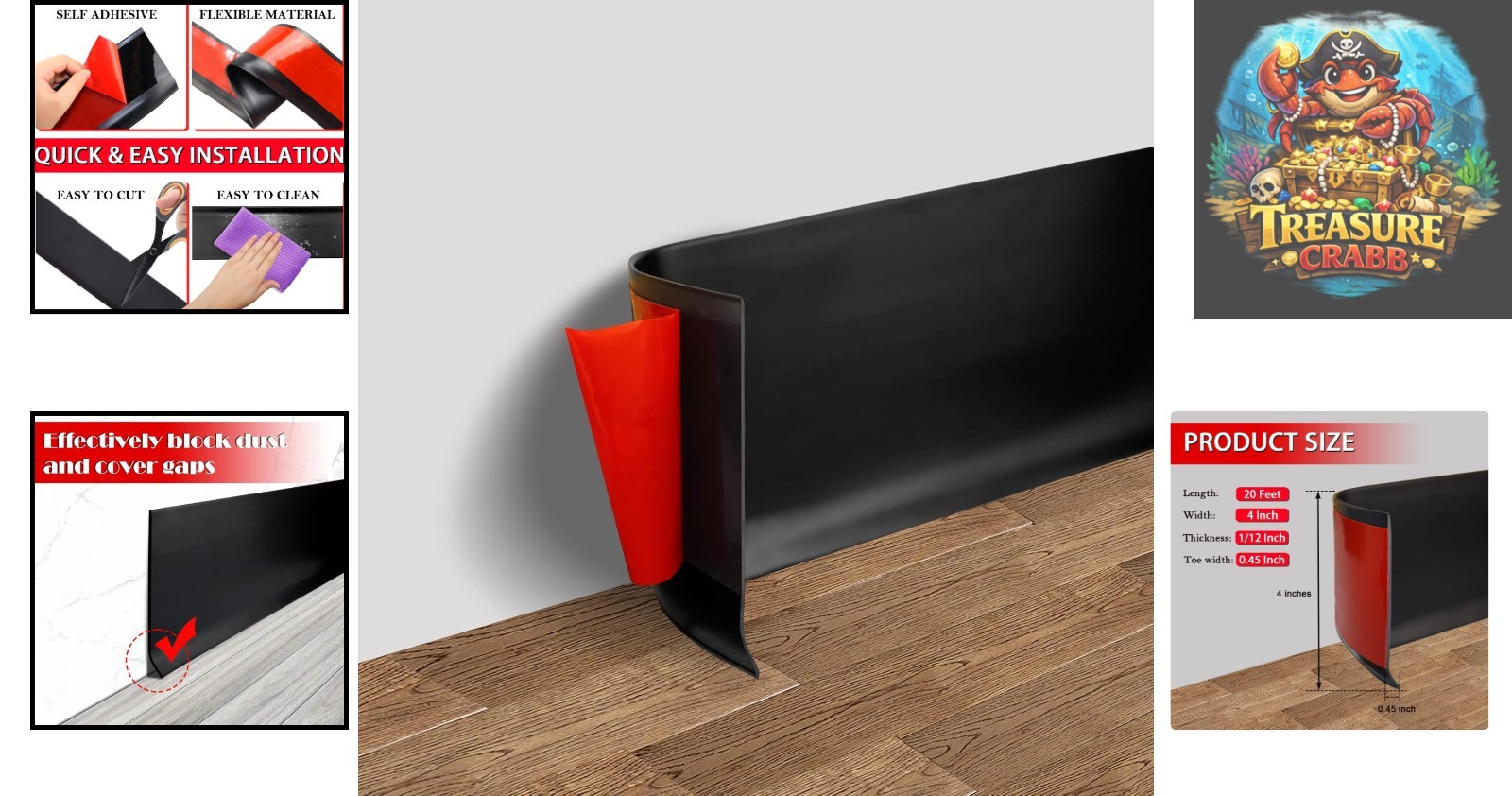 Black Vinyl Baseboard Trim 4" x 20' – Self-Adhesive and Flexible Design