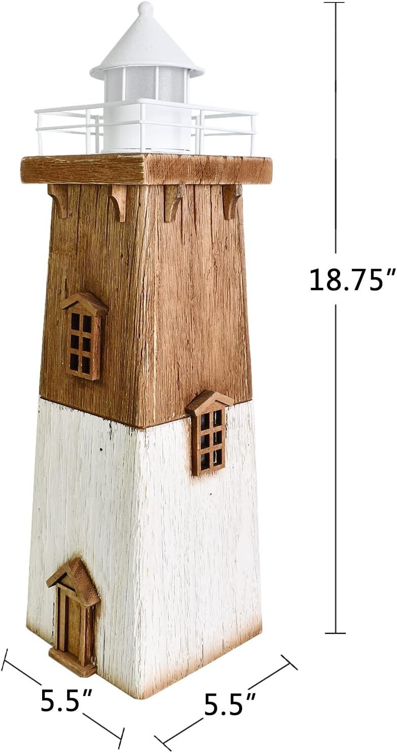 Wooden Lighthouse with Lights Nautical Tabletop Figurine (Brown)