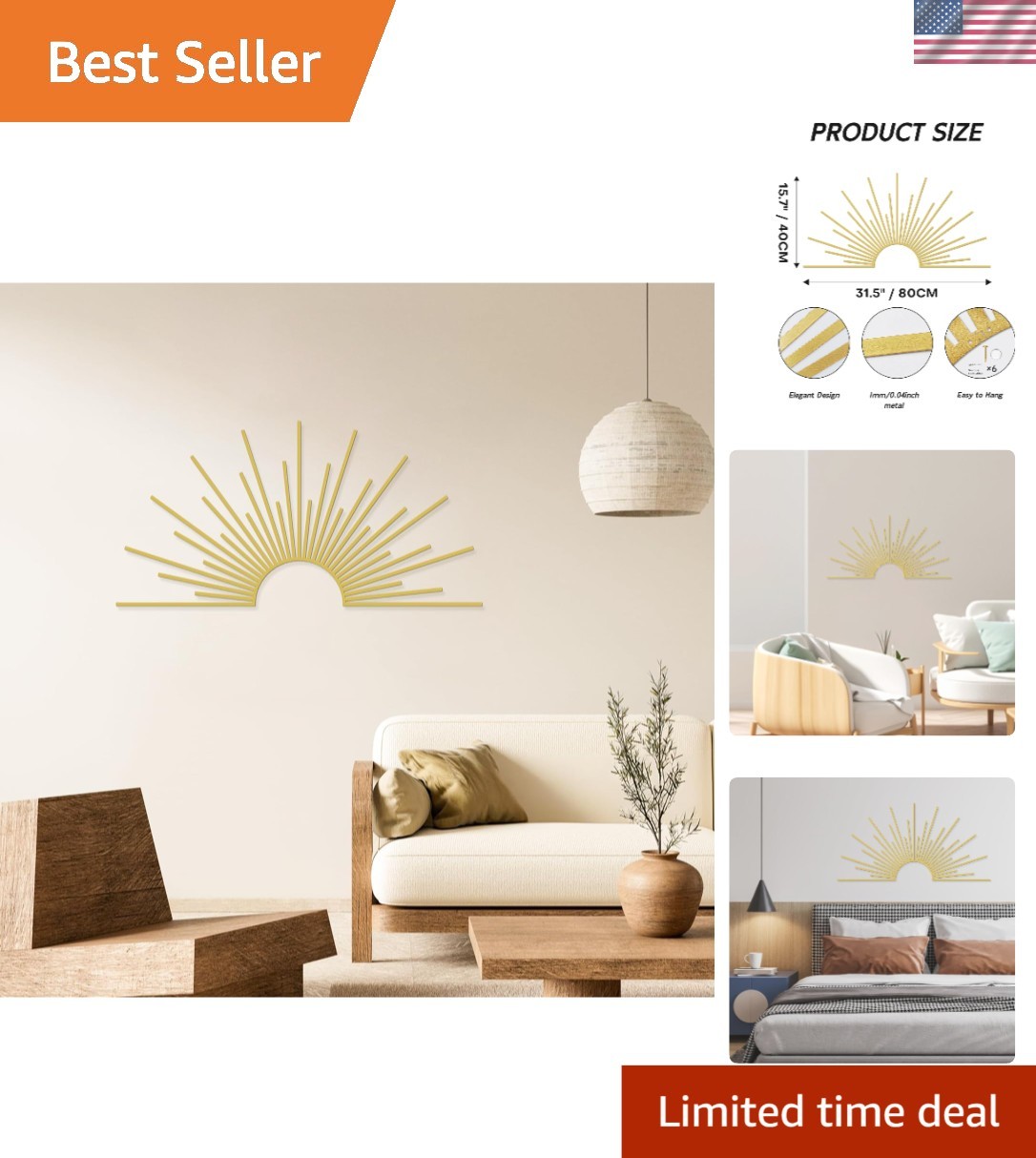 Radiant Gold Sun Wall Art 31.5"x15.7" – Lightweight & Easy Adhesive Installation