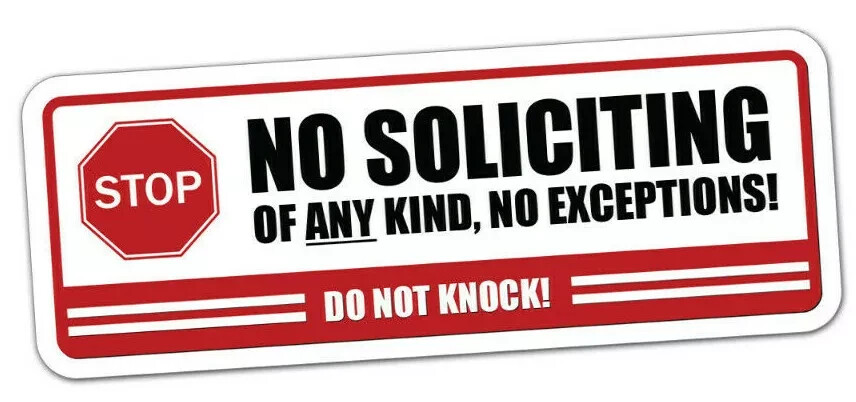 No Soliciting Sign Sticker (2-Pack) 8"x3" | Do Not Knock Decal for Home, Busines