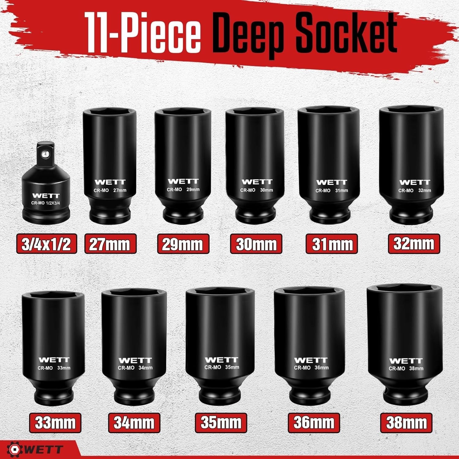 1/2" Drive Deep Large Impact Socket Set, 11-Piece Spindle Axle Nut Wheel Wrench