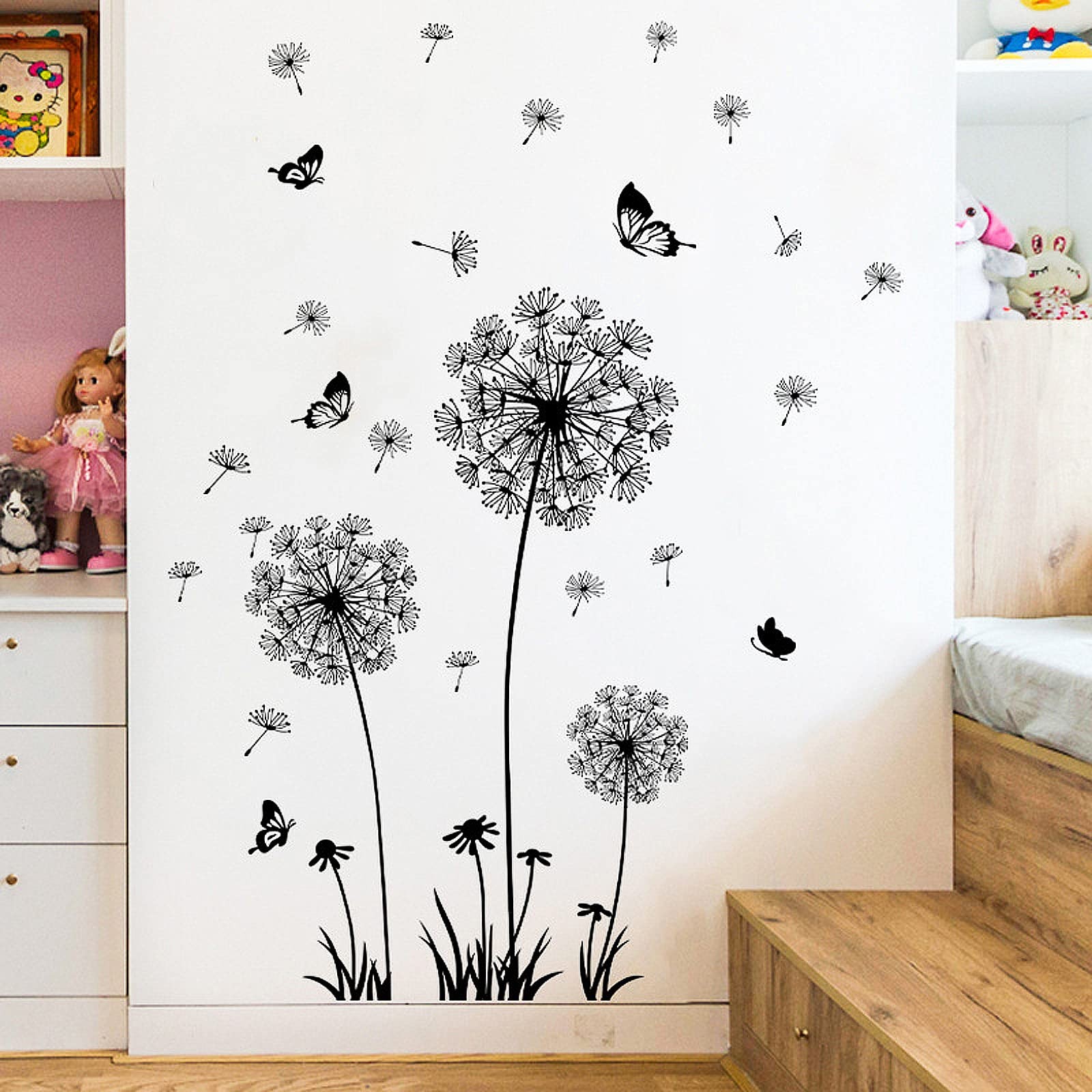 Black and White Dandelion Butterfly Wall Stickers,Creative Peel and Stick Vin…