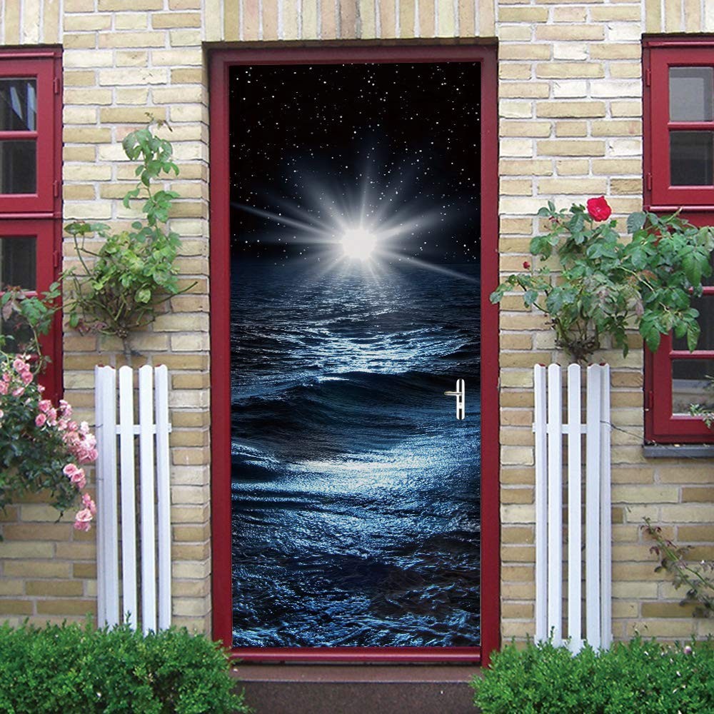 ZY-KL 3D Door Sticker Wall Decals Mural Wallpaper Galaxy Blue Starry Sky, Wat…