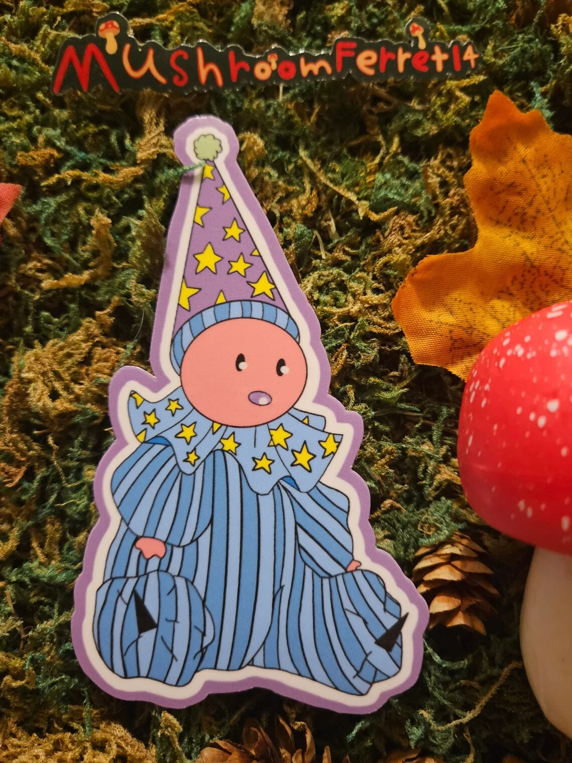 Handmade "Sitting Happy Clown" die cut sticker. Weatherproof. See description!