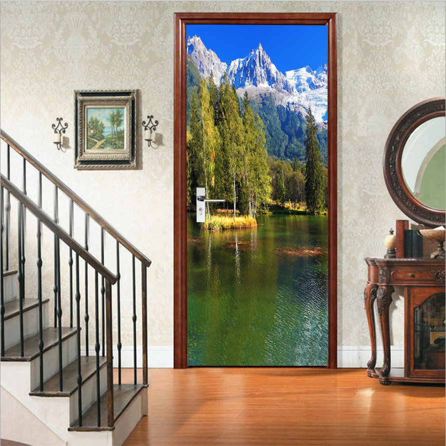 Door, Wall or Fridge STICKER – Lake Mountain Range 3D Waterproof Decal Cover
