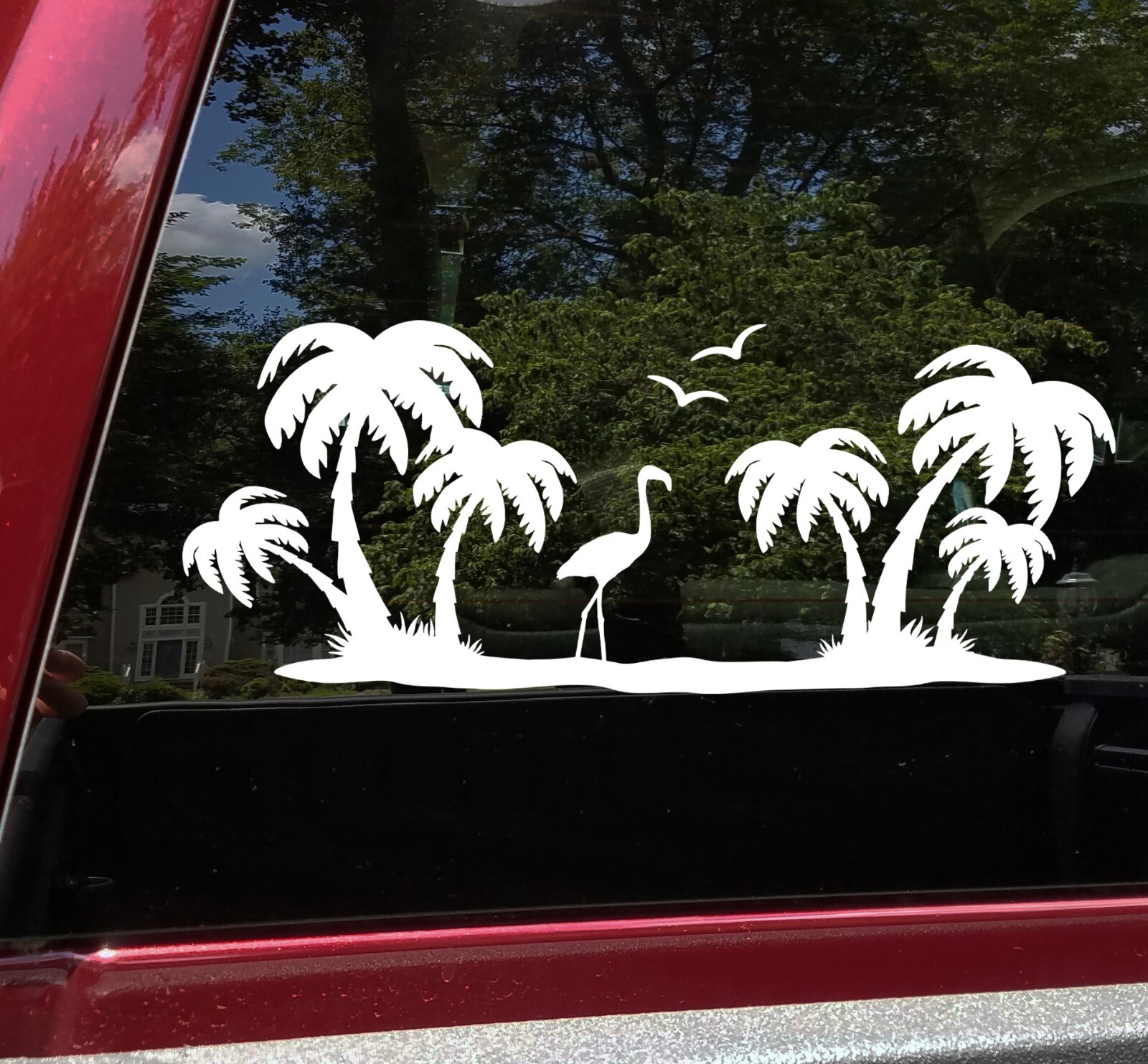Palm Trees Beach Scene Vinyl Decal V12 | Seagulls Flamingo Sunset RV | Sticker