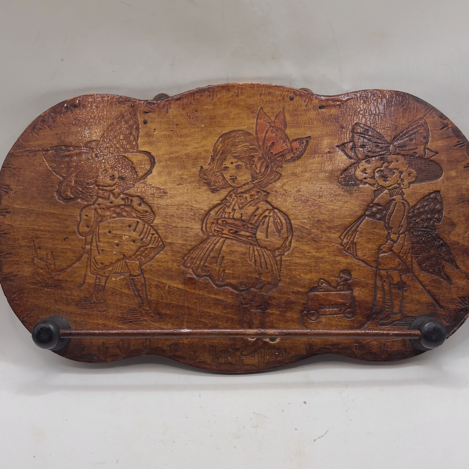 Wood pyography 3 girls w small rod. Vintage for ribbons. Victorian.