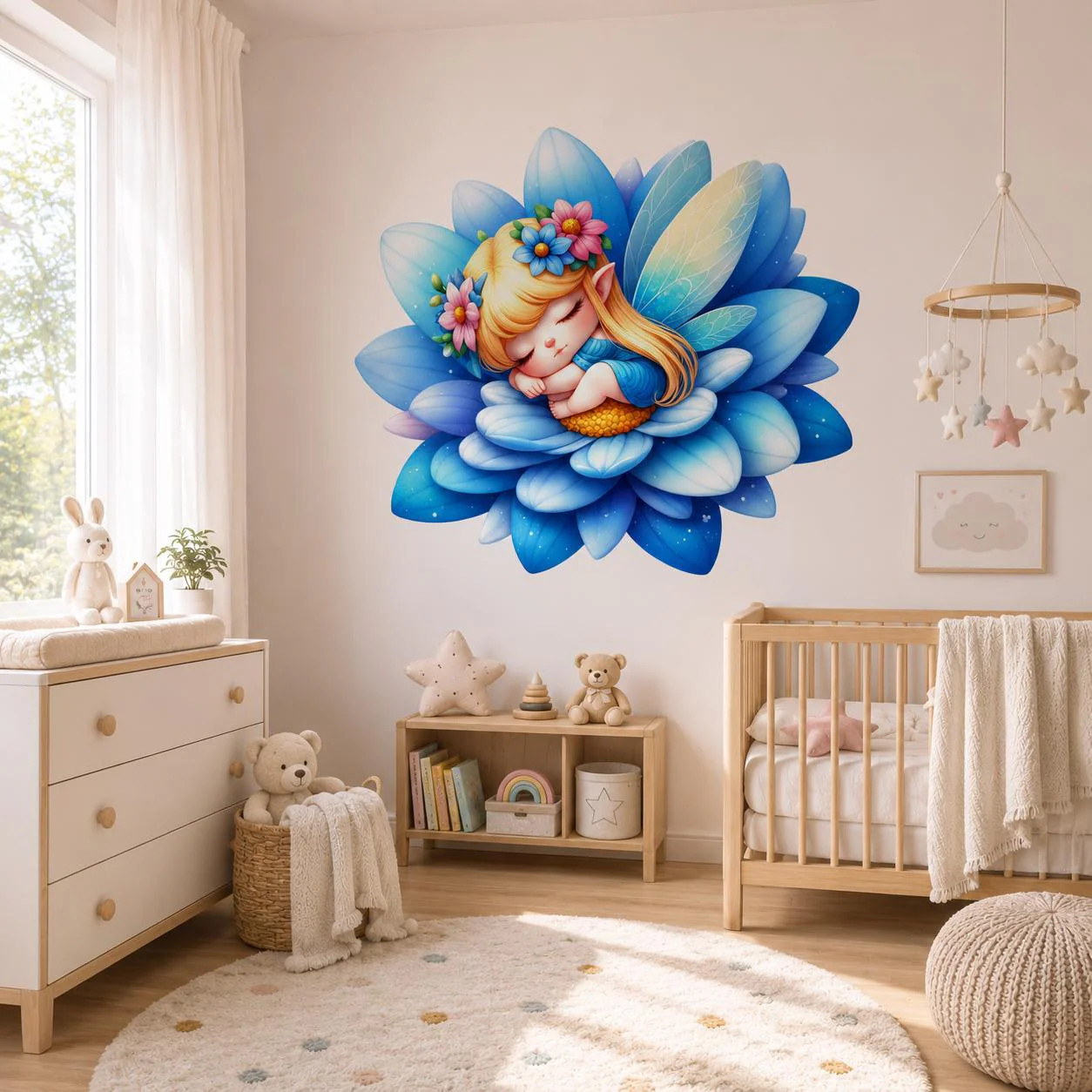 Sleeping Fairy Wall Vinyl Decal | Cute Blue Flower Fairy Sticker