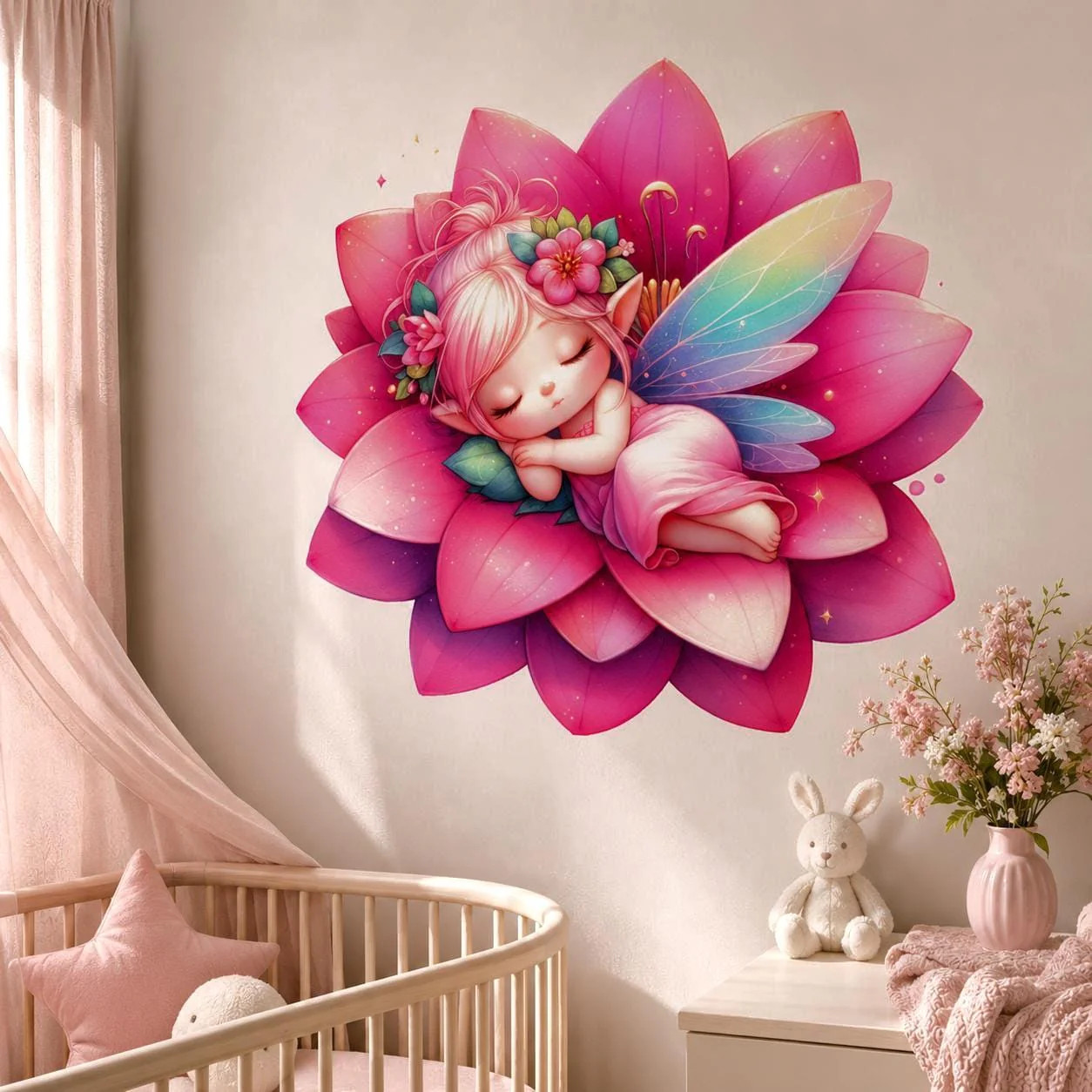 Sleeping Fairy Wall Vinyl Decal | Cute Pink Lotus Flower Fairy Sticker