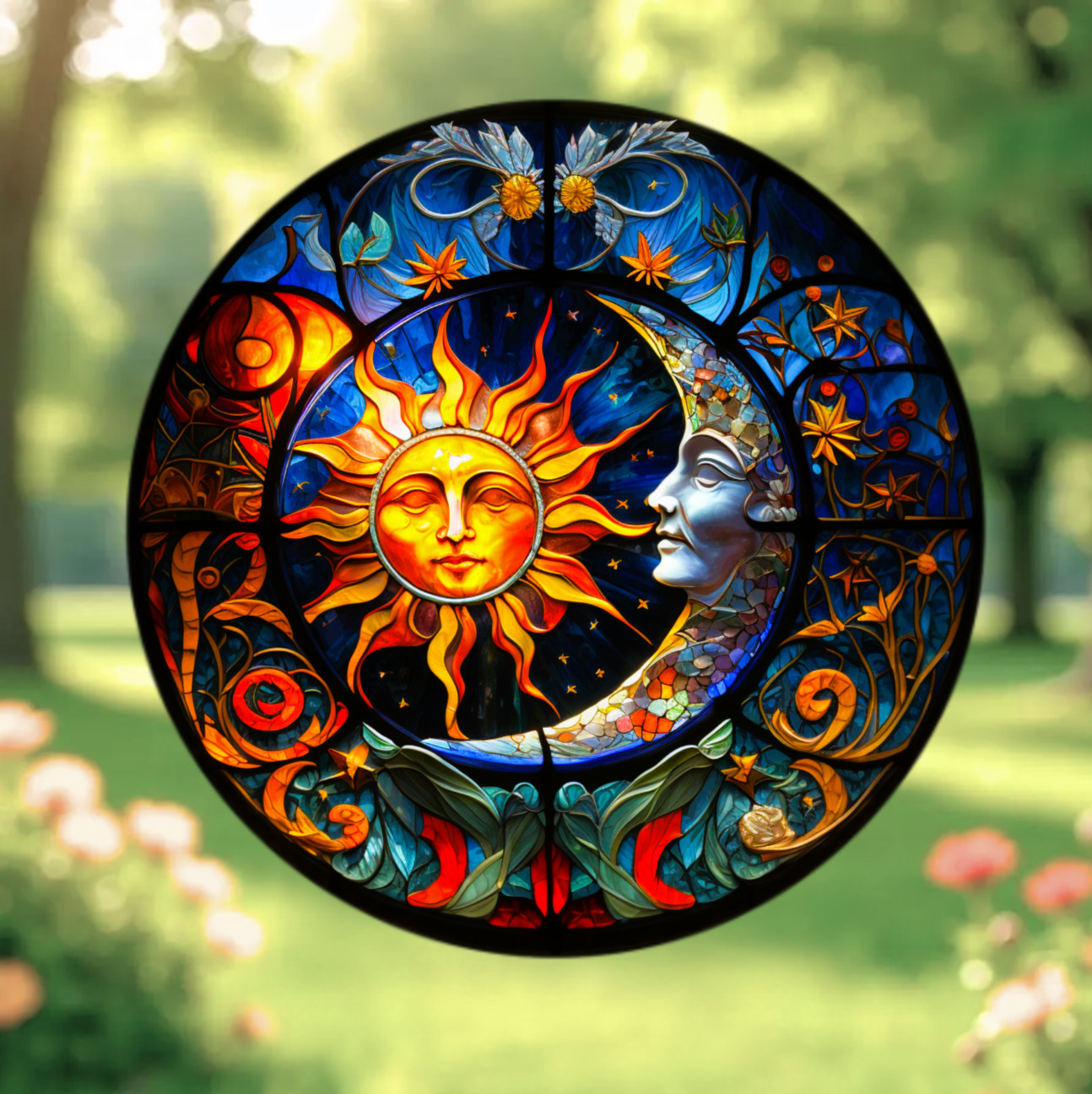 Sun & Moon Faux Stained-Glass WINDOW CLING Size 8" Round Vinyl