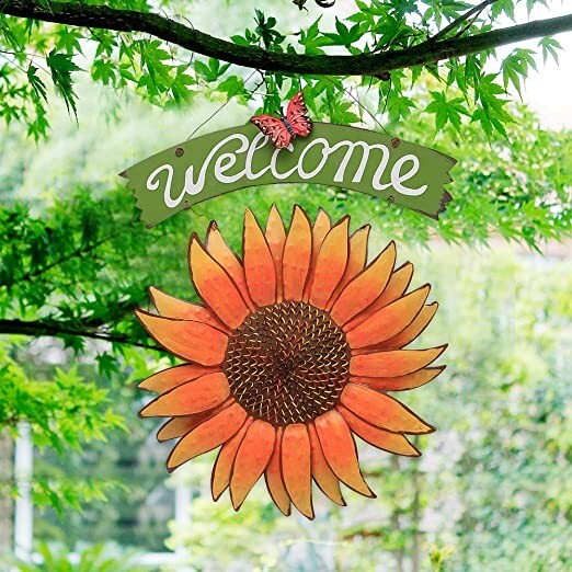 Sunflower Welcome Sign Metal Hanging Welcome Plaque for Wall(E)