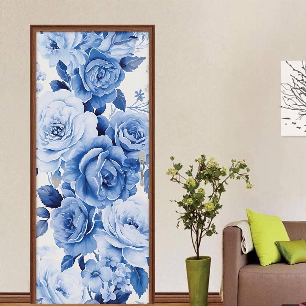 REDAMANCY White Blue Rose Floral Vintage Peel and Stick Door Stickers Vinyl D…