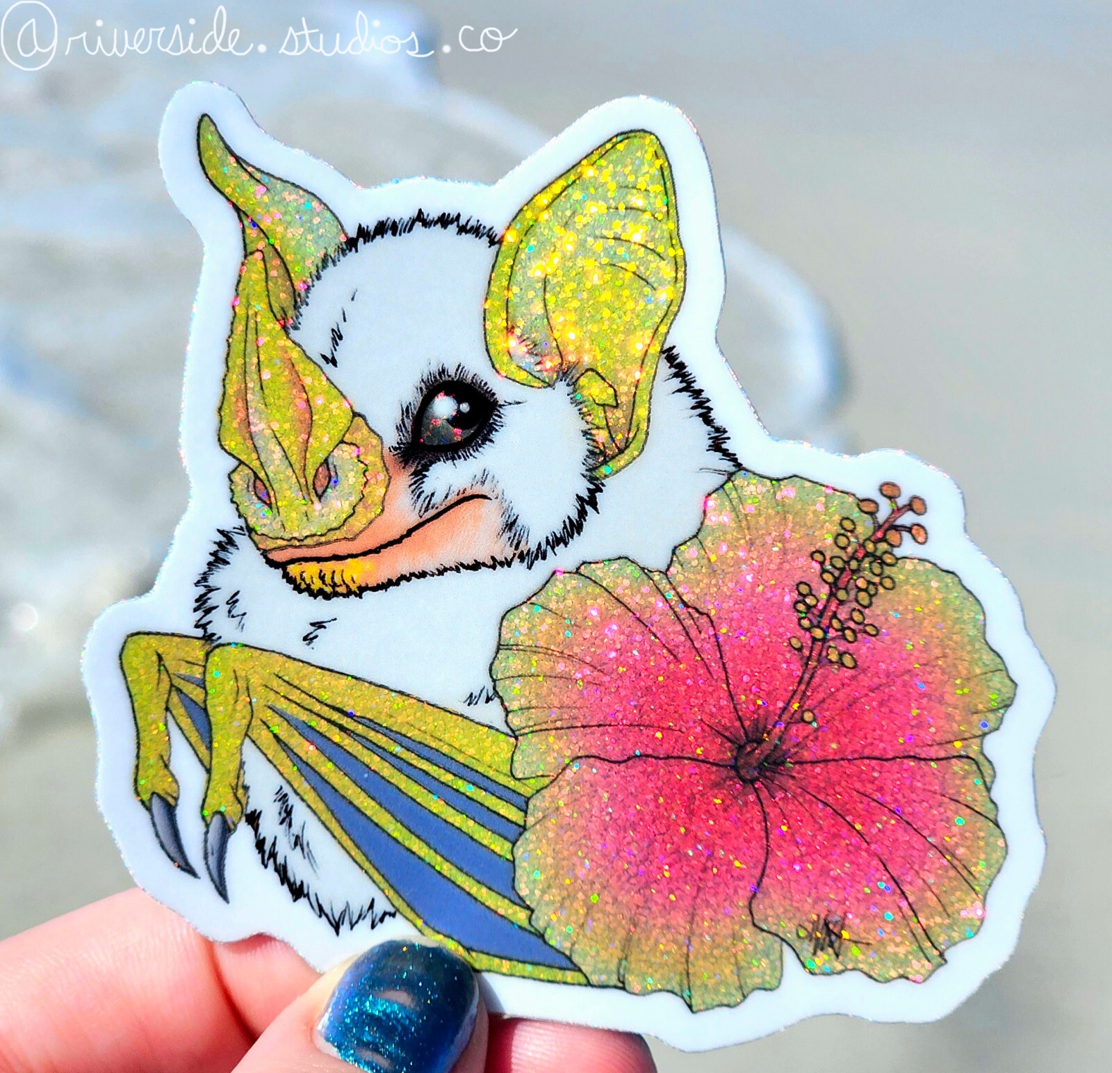 Honduran White Bat Vinyl Glitter Sticker 3" Original Art Animal Hibiscus Flower 
