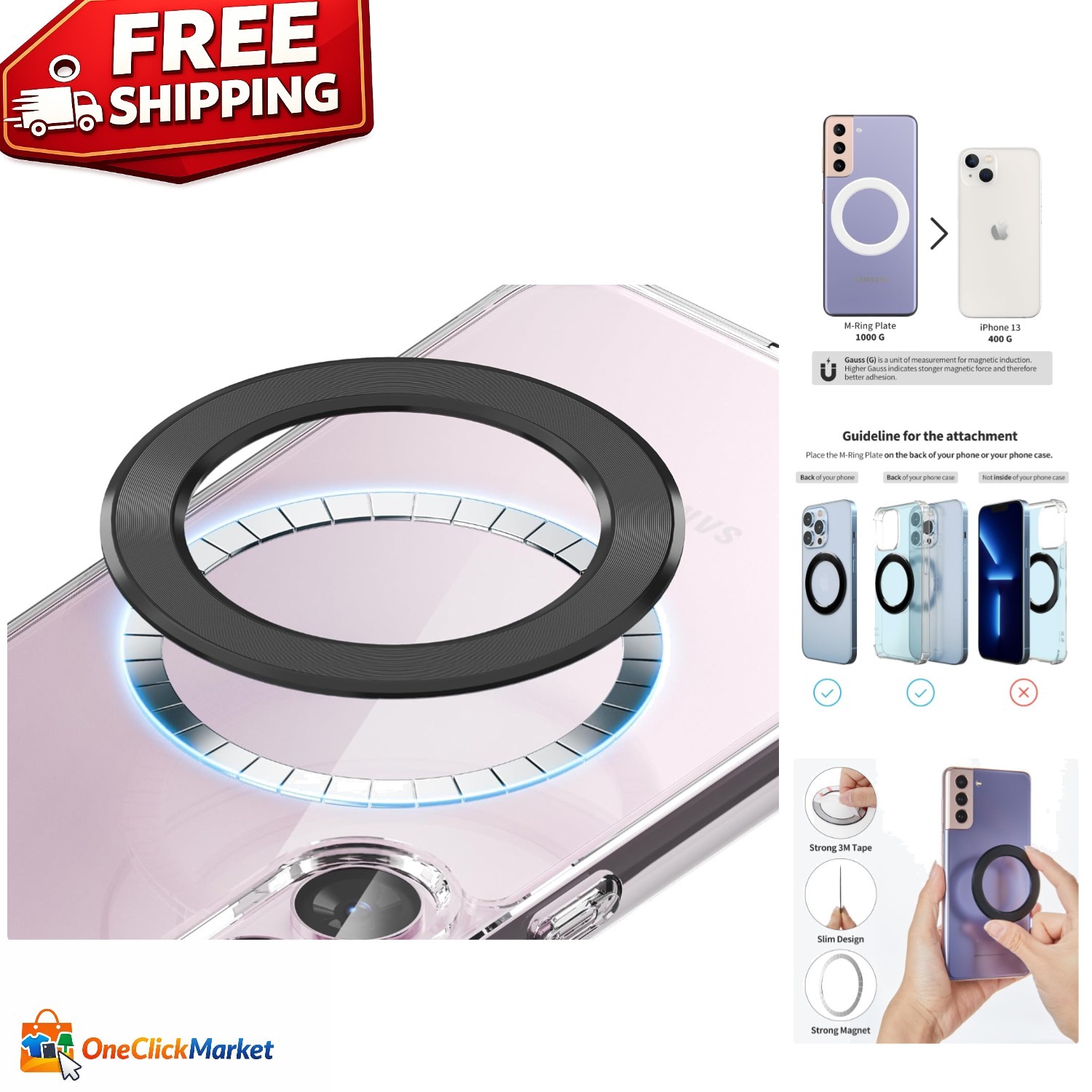 Black Magnetic Ring for Phones – Upgrade to MagSafe with Wireless Charging