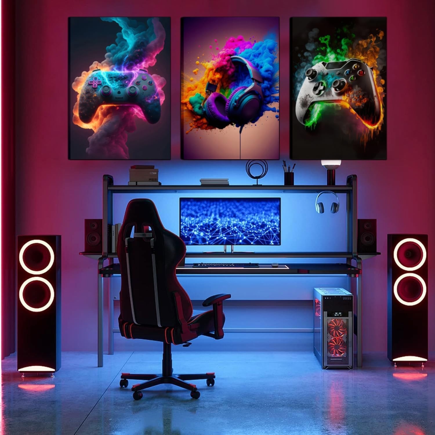 Vibrant Gaming Wall Art Set of 3 – Neon Canvas Prints for Teen Rooms