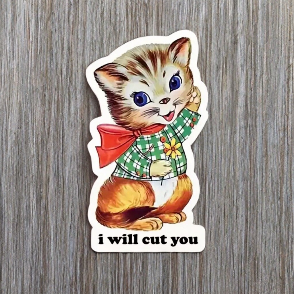 Decal – Cute Cat I Will Cut You, Funny Kitty Sticker Retro Vintage Style
