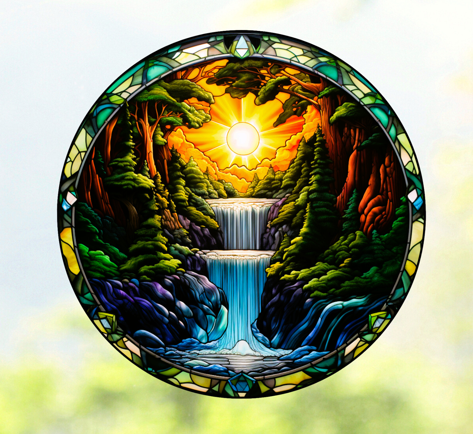 Scenic Waterfall at Sunset Faux Stained-Glass WINDOW CLING Size 8" Round Vinyl