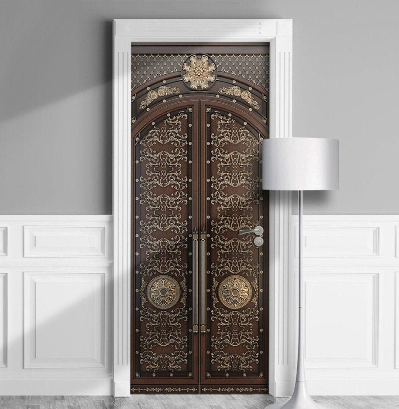 Medieval Castle Door Mural, Carved Entrance Wrap, Laminated Sticker Cover, Decal