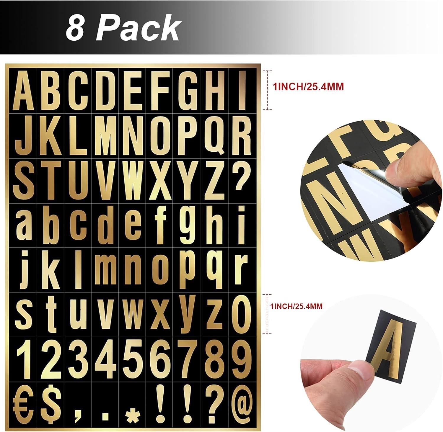 8 Sheets Self-Adhesive Vinyl Letters Numbers Kit, Mailbox 1 Inch Gold in Black