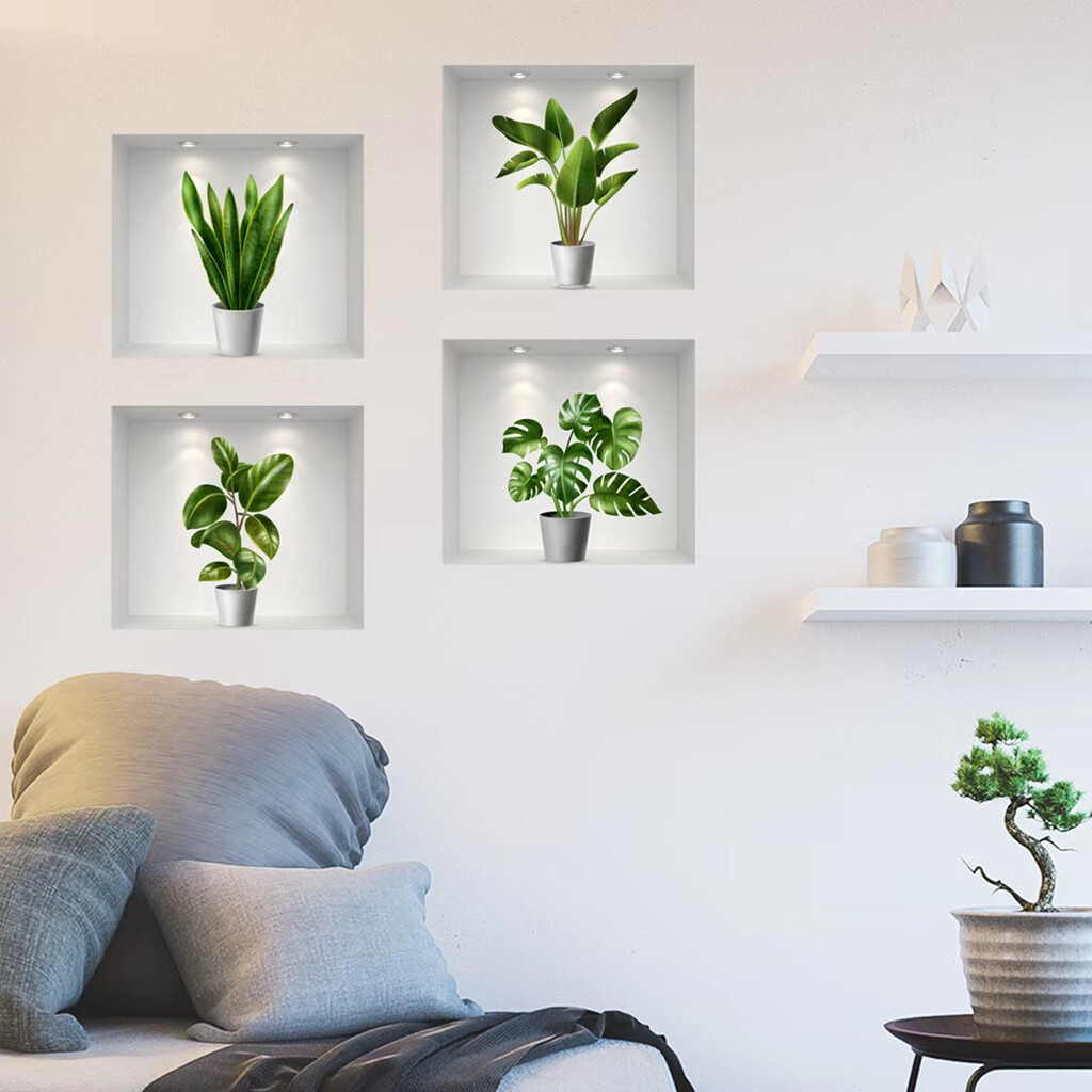 Green Pot Plants Fresh Leaves Wall Decals Window Stickers Plant Mural Home Decor