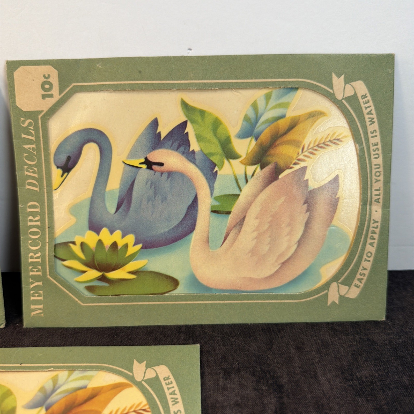 3 Meyercord Light Blue & Pink Swan Decals, Water Scene,Unused,Retro, Kitsch,MCM